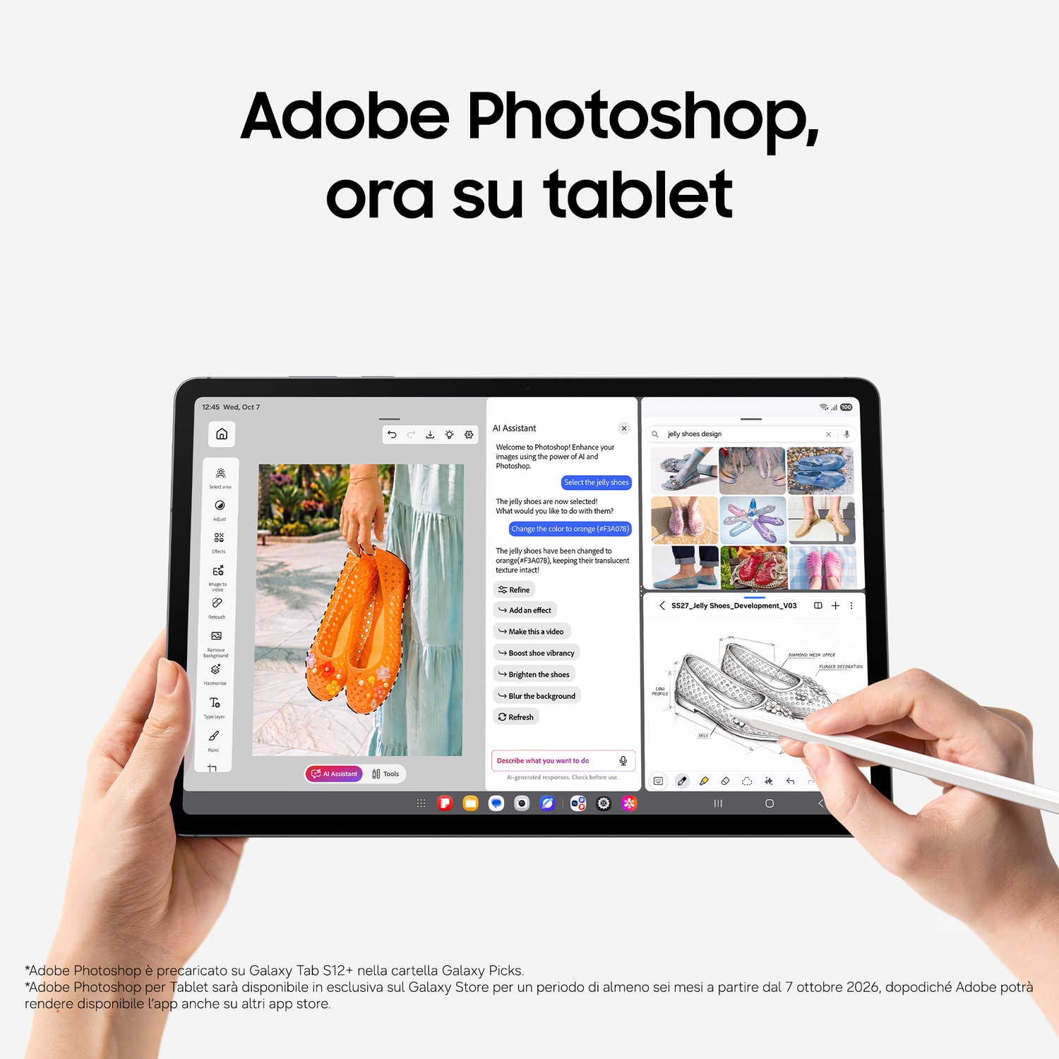 Un tablet mostra Adobe Photoshop con assistenti IA e strumenti di fotoritocco.