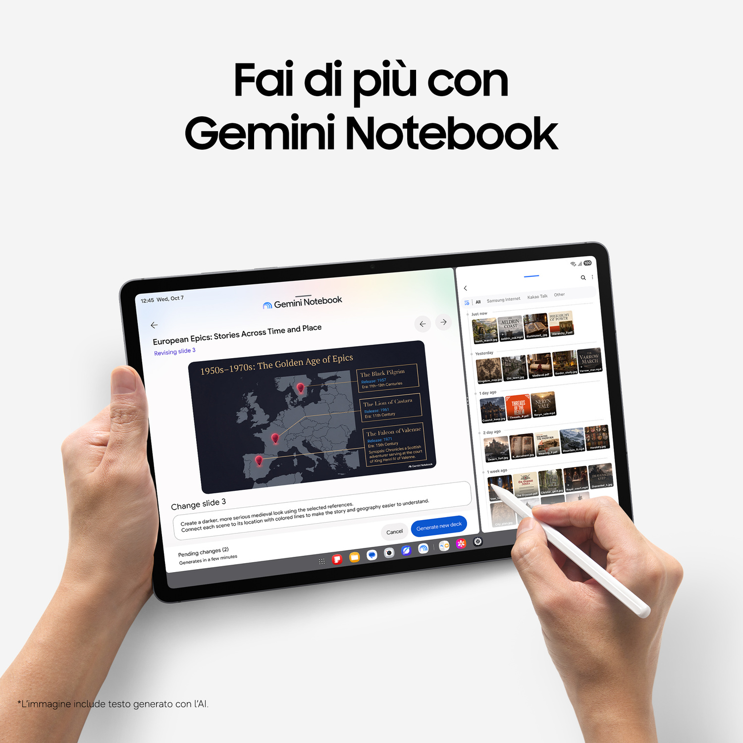 Un tablet mostra Gemini Notebook con mappa europea, tenuto da mani con pennino.