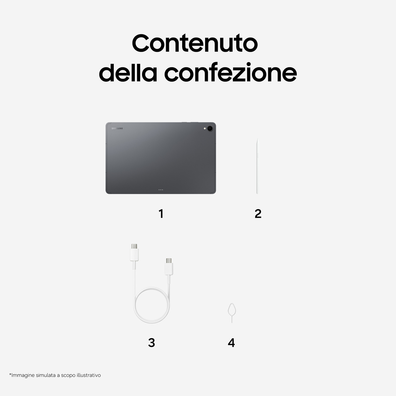 Contenuto della confezione: tablet, penna, cavo USB-C e spillina.