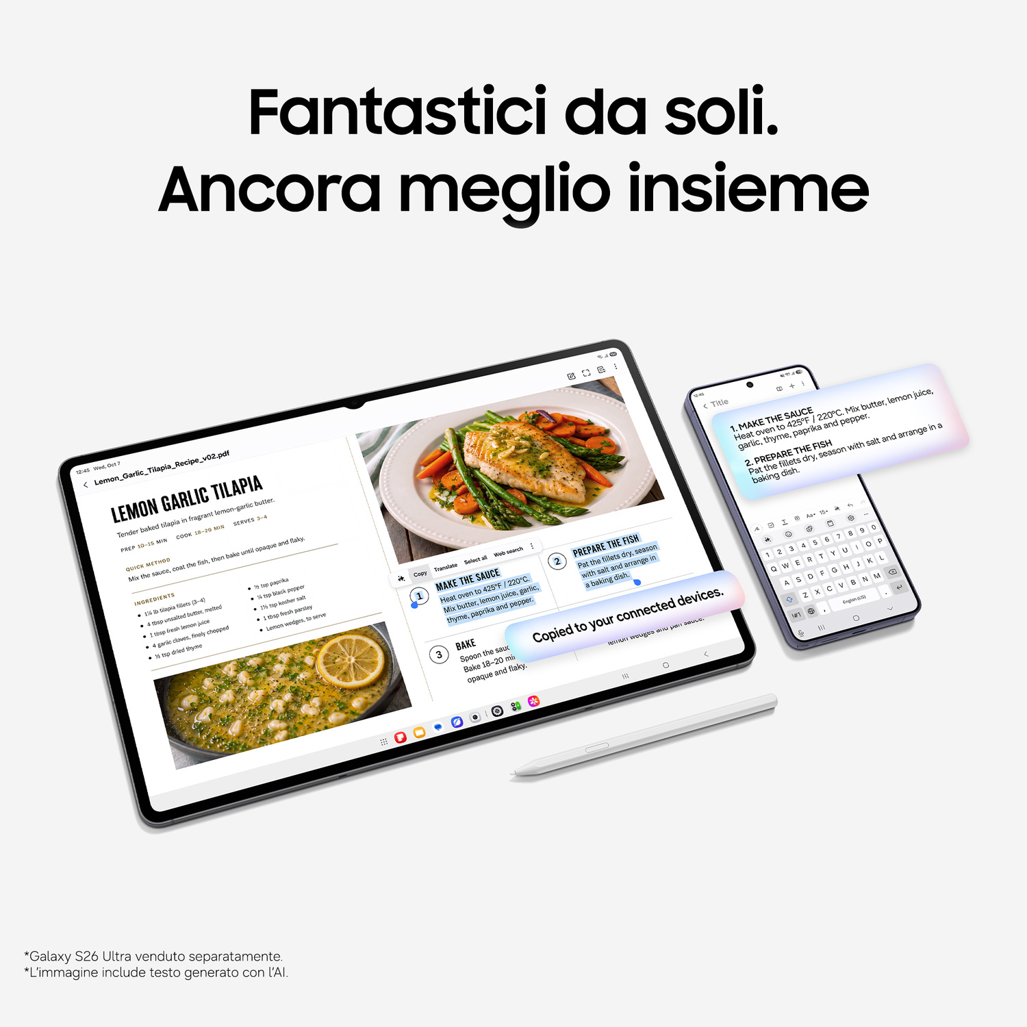 Un tablet e uno smartphone mostrano insieme la ricetta della tilapia al limone e aglio.
