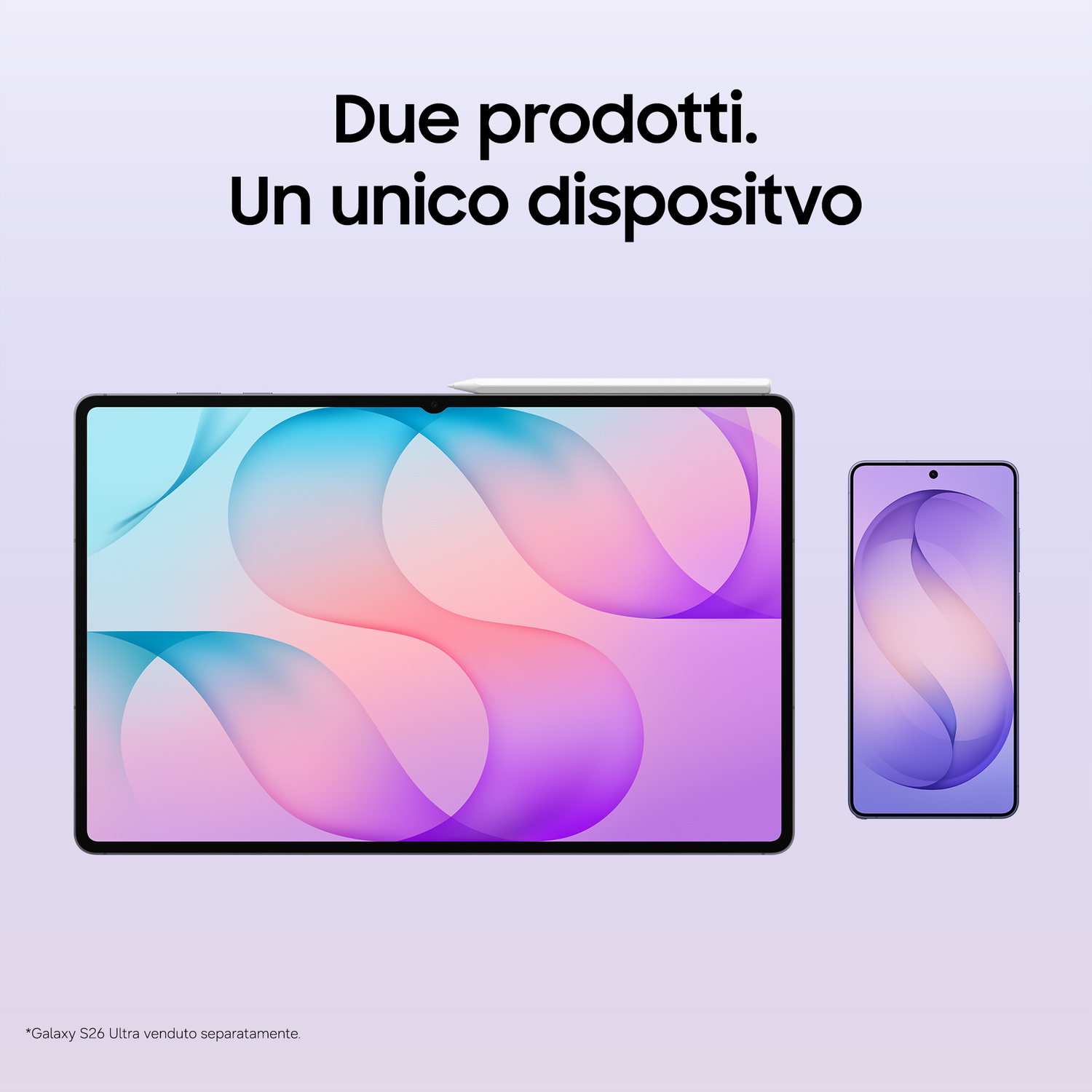 Un tablet con pennino e uno smartphone su sfondo viola con del testo.
