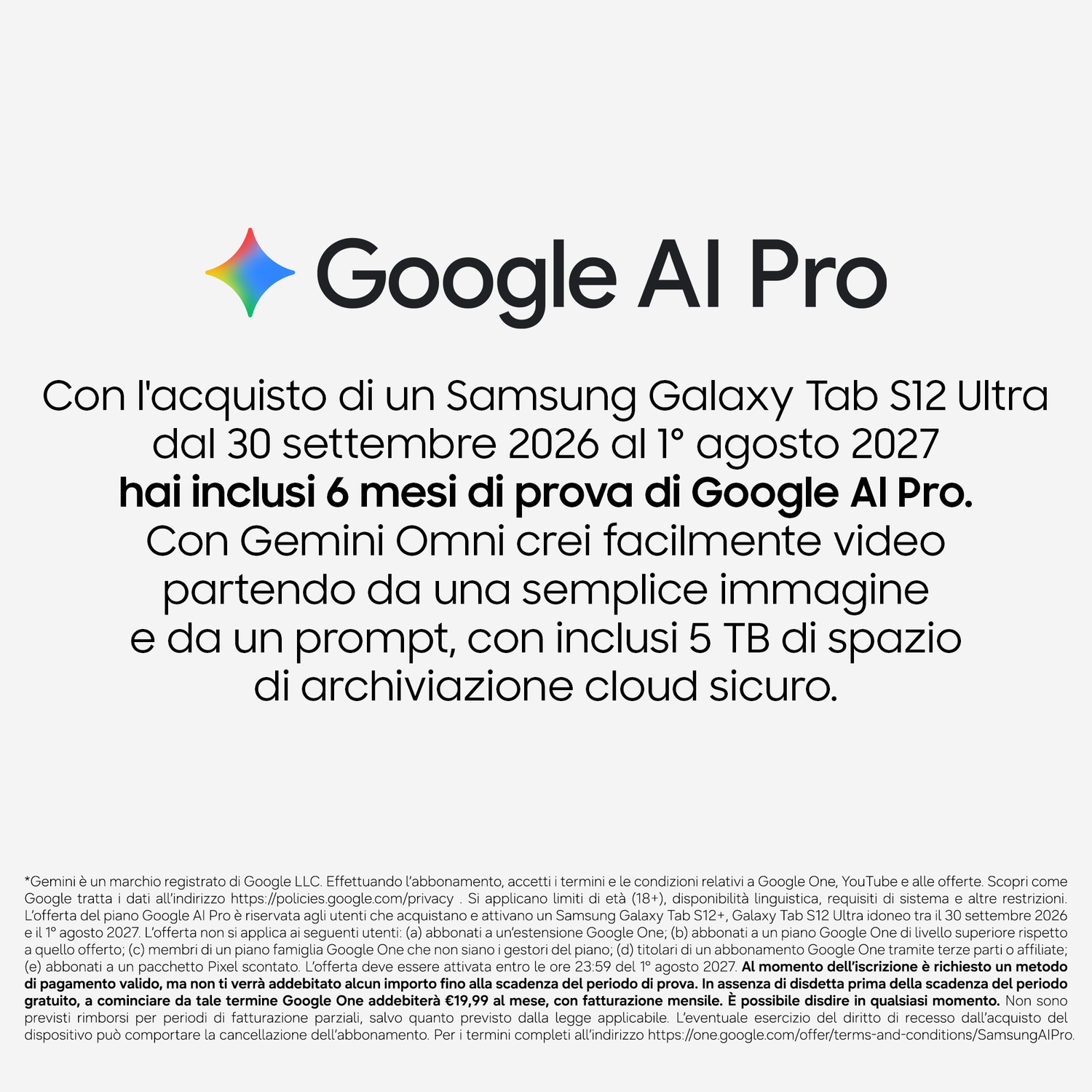 Immagine promozionale di Google AI Pro con l'icona della stella Gemini a quattro colori e testo in italiano.