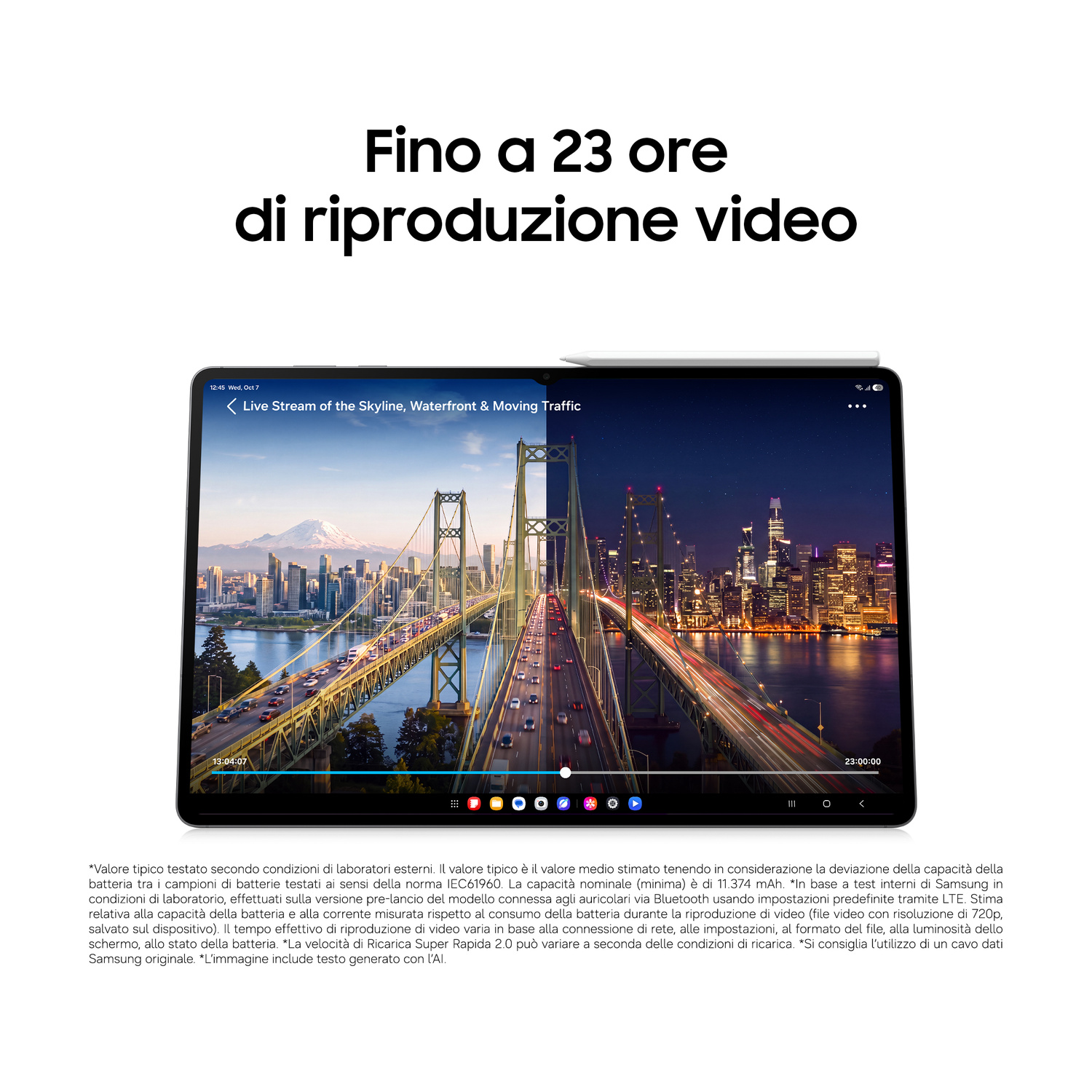 Un tablet mostra un ponte cittadino di giorno e di notte sullo schermo. In alto è presente del testo in italiano.