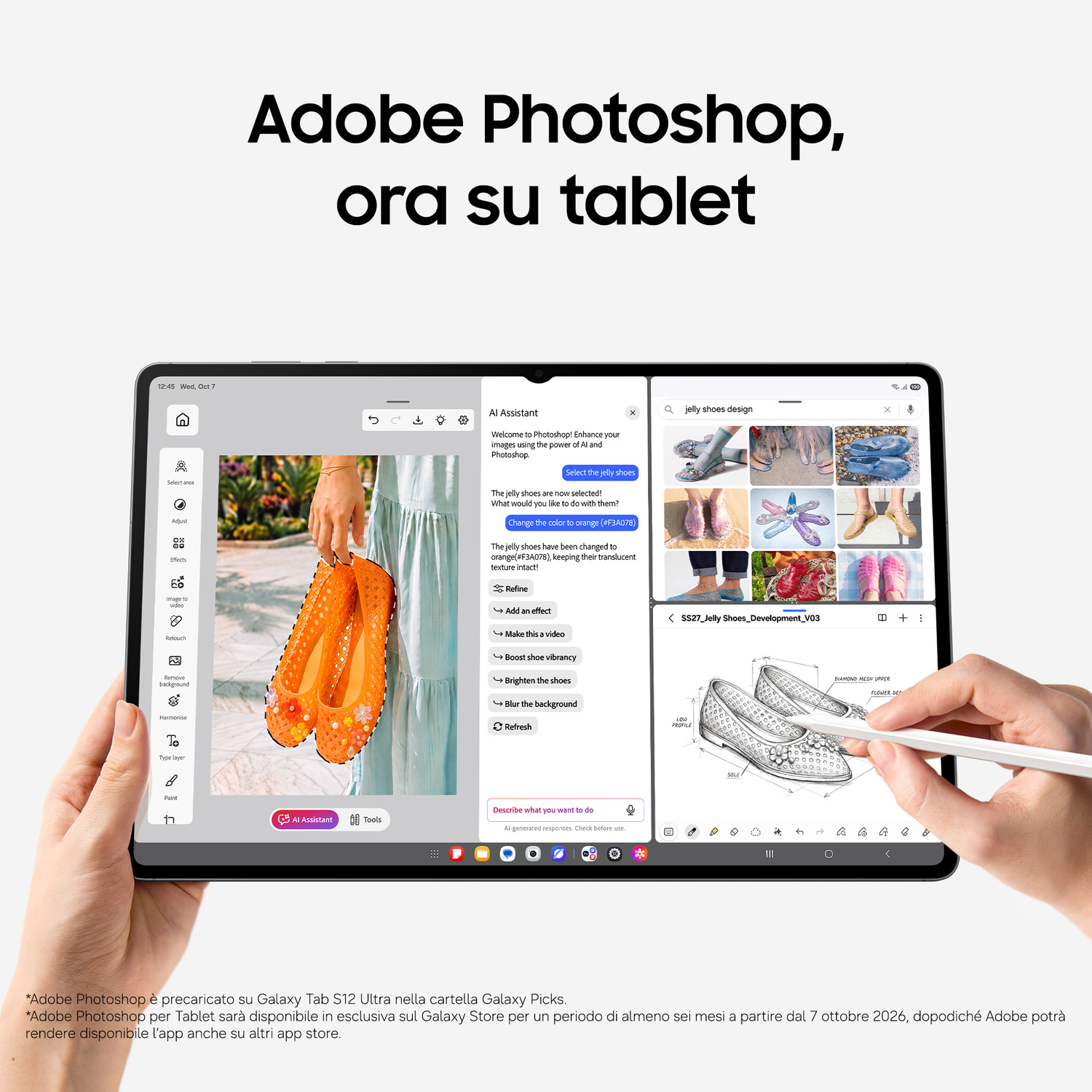Un tablet mostra Adobe Photoshop con fotoritocco e schizzi, tenuto da mani.