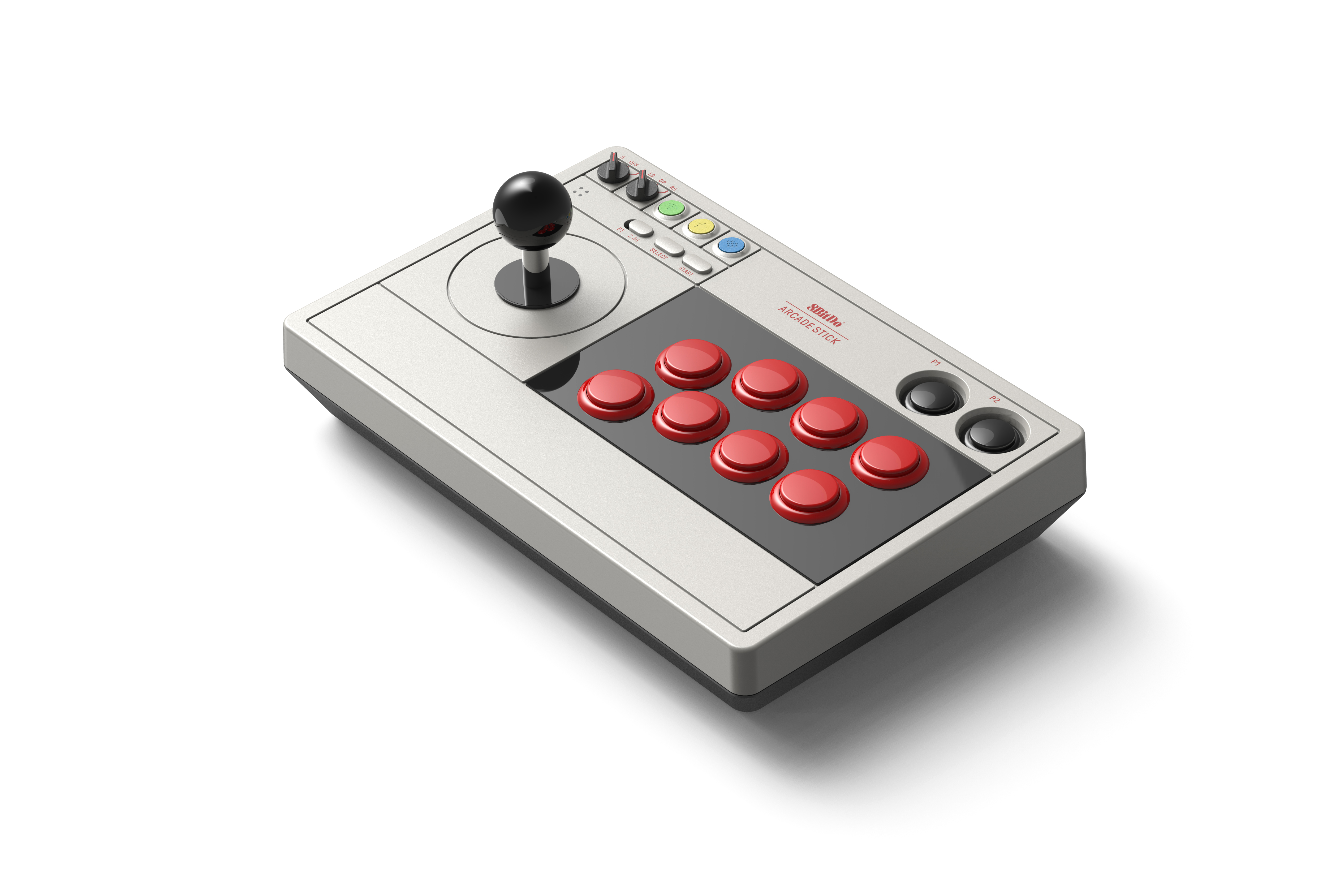Beyaz arkaplanda siyah joystick ve sekiz kırmızı aksiyon tuşuna sahip gri bir 8BitDo arcade joystick.