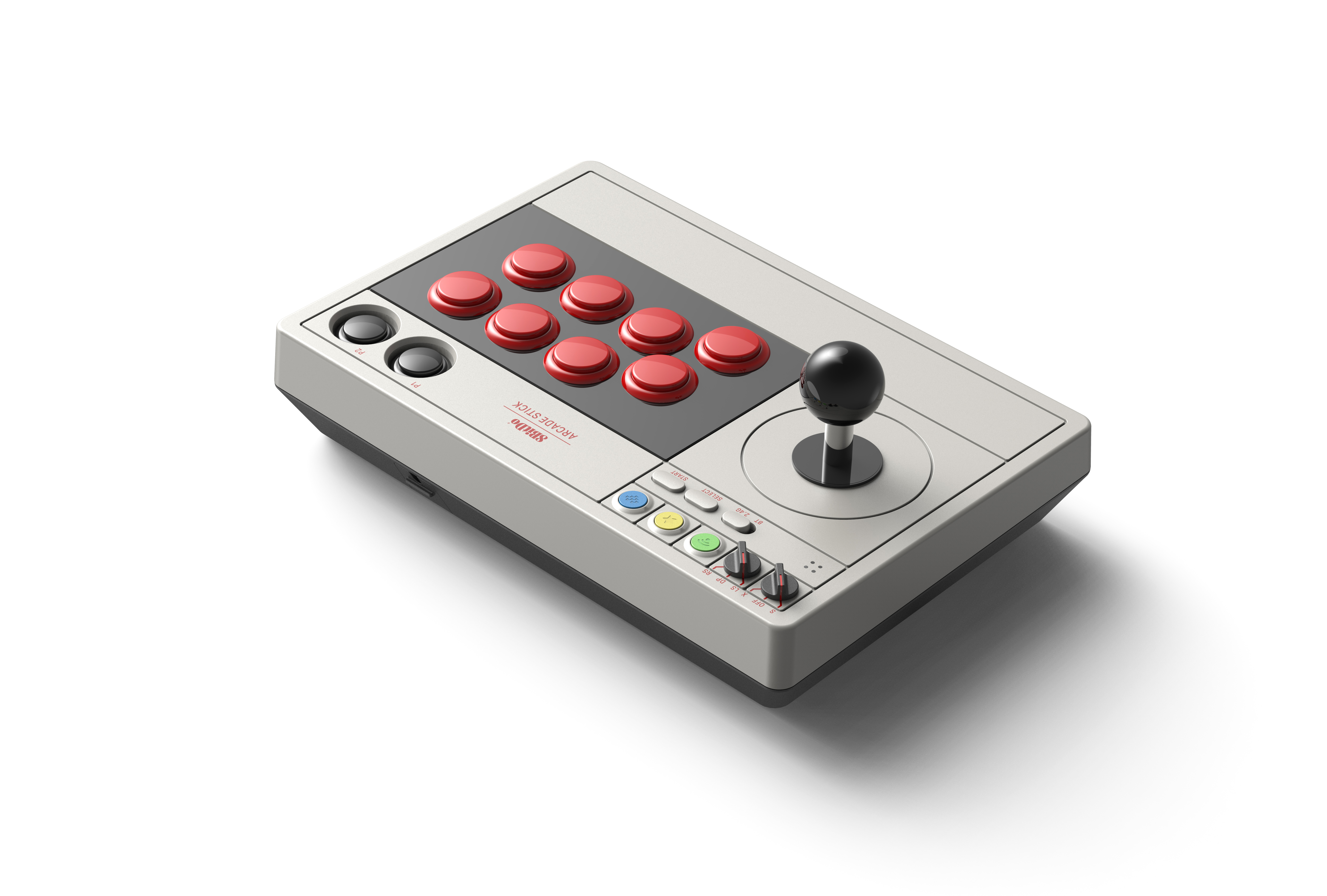 Kırmızı tuşlu, siyah joystick'li ve renkli fonksiyon düğmeli gri bir arcade kontrolcüsü.