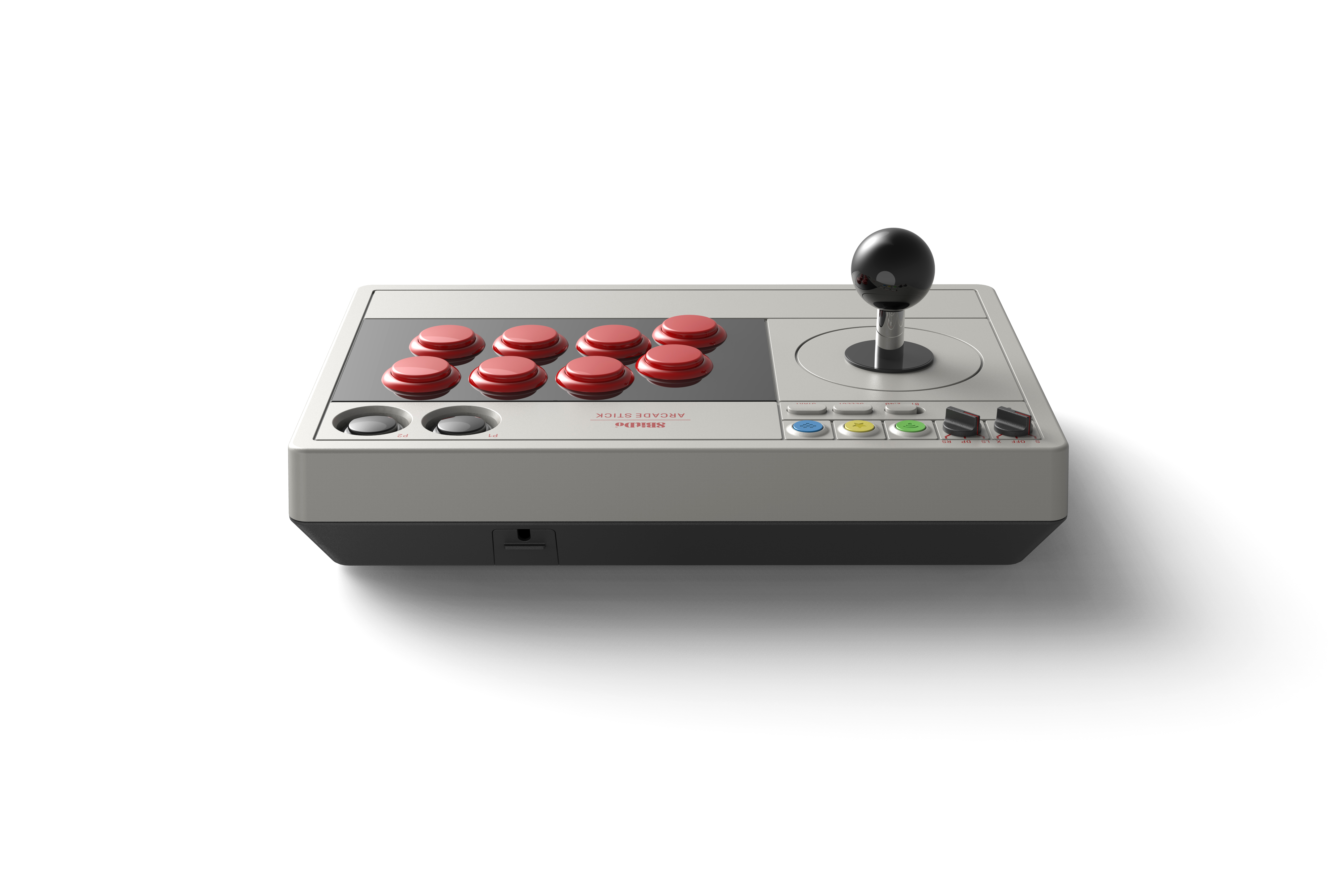Beyaz arka planda sekiz kırmızı tuş ve siyah bir joystick bulunan gri retro arcade çubuğu.