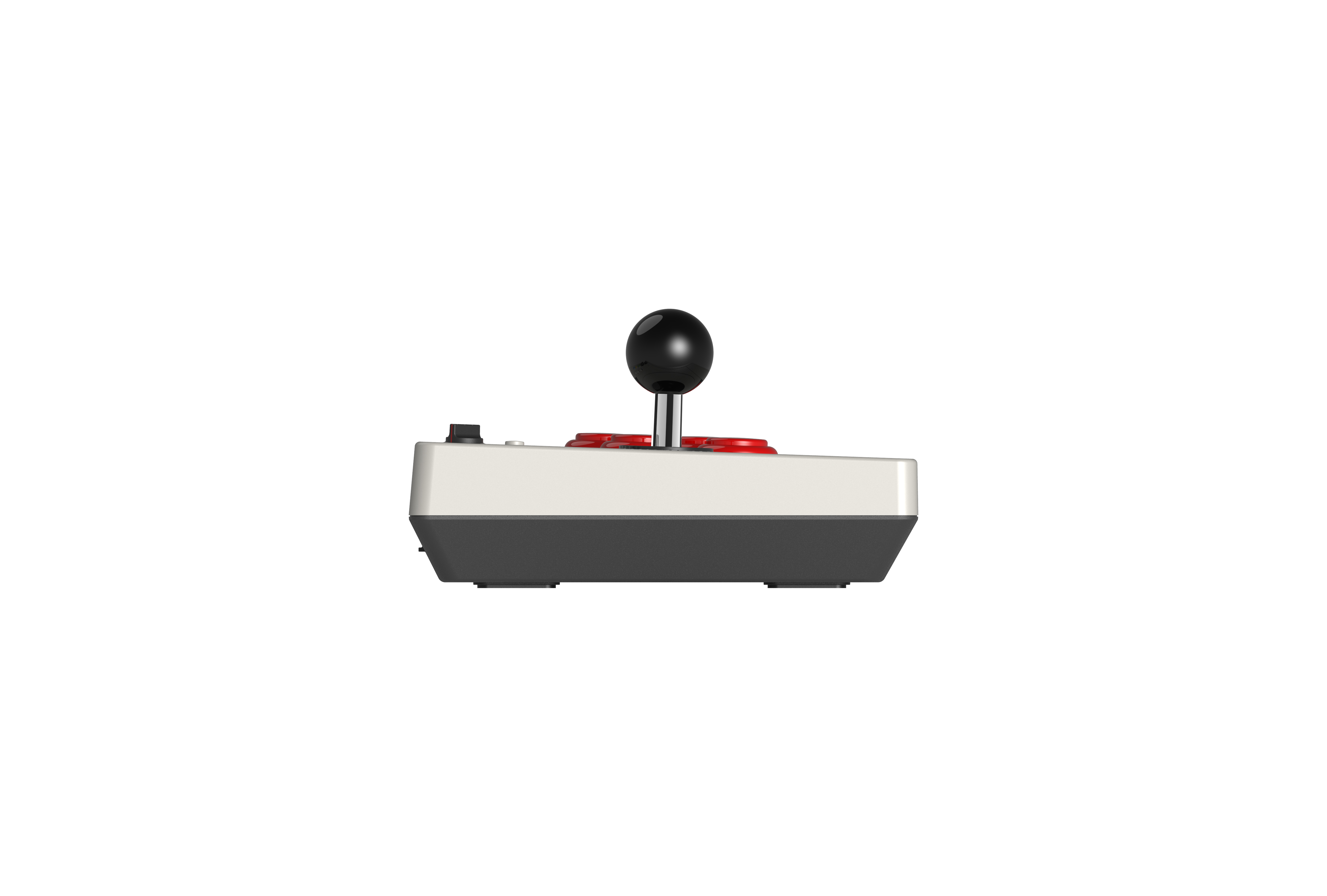 Beyaz arka planda siyah top başlı ve kırmızı aksiyon tuşlu beyaz-siyah arcade joystick.