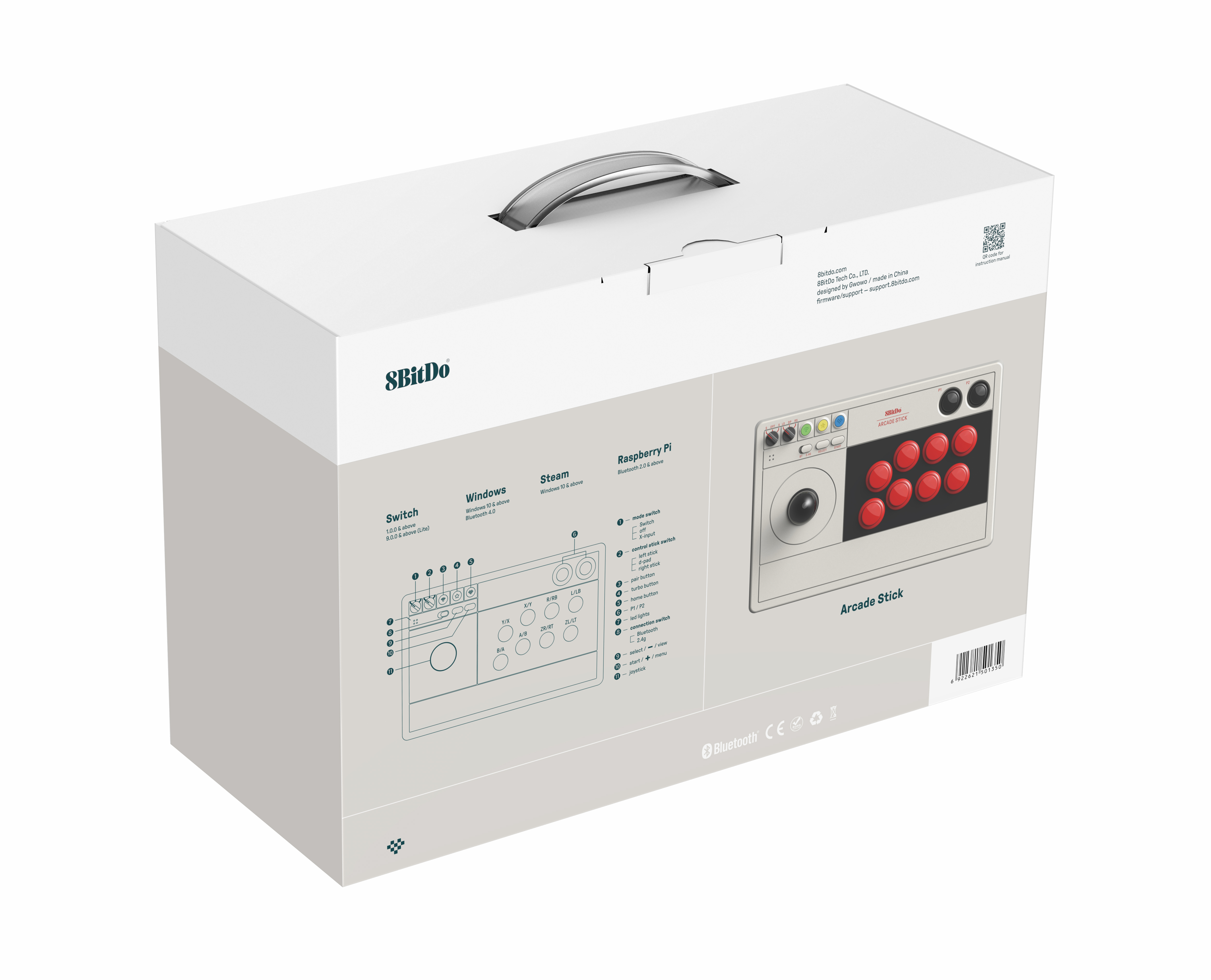 Ürün görselleri, uyumluluk detayları ve taşıma sapı olan beyaz 8BitDo Arcade Stick kutusu.
