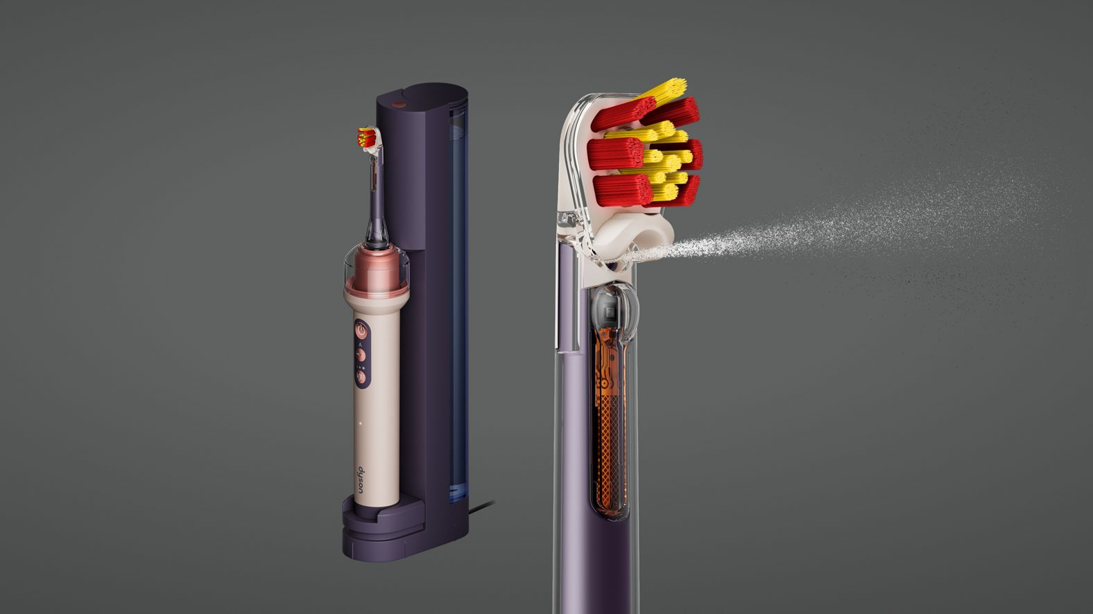 Une brosse à dents électrique sur sa base et un gros plan sur la tête vaporisant de l'eau.