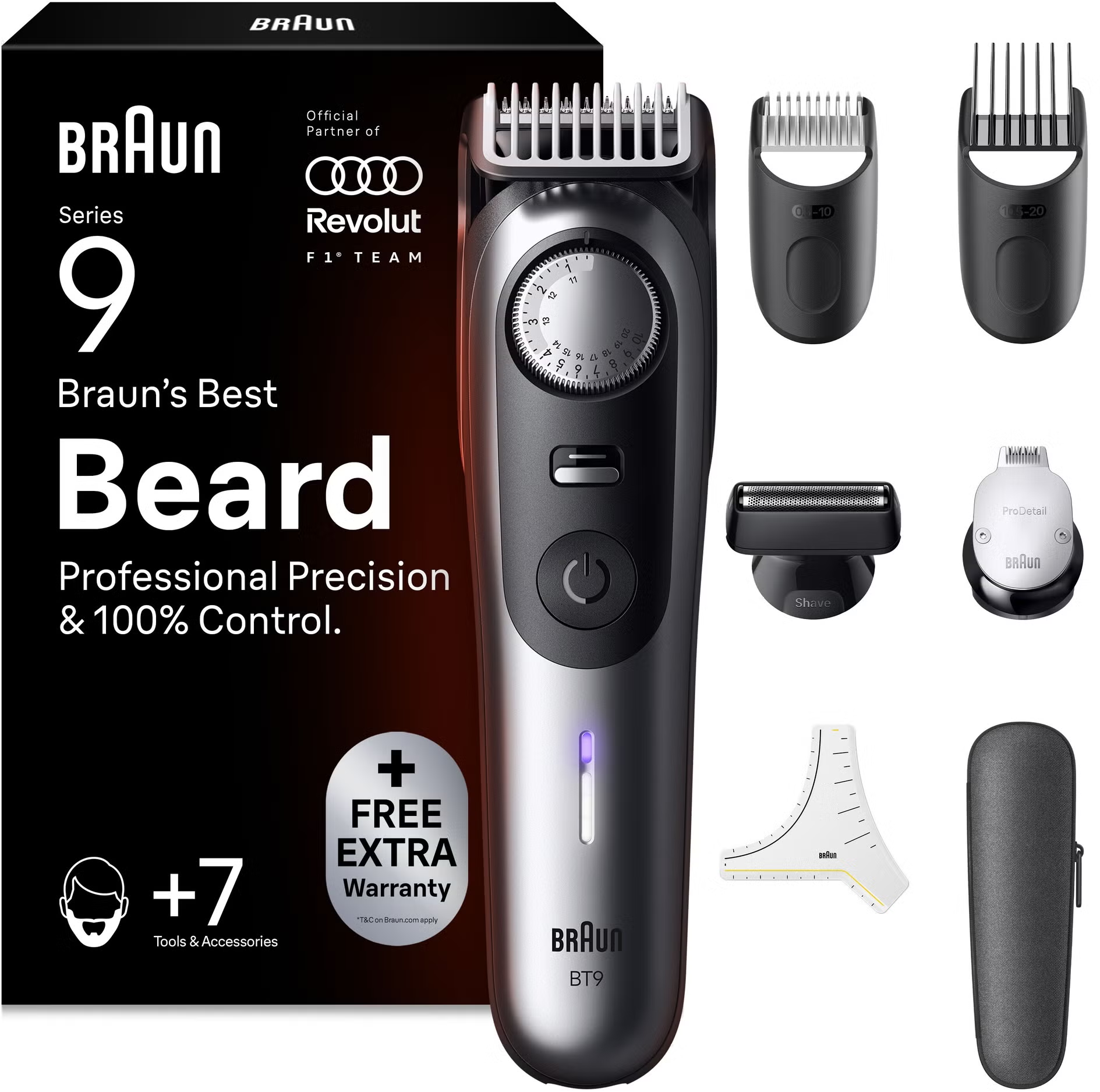 Tondeuse à barbe Braun Series 9 avec accessoires, tête de rasage et étui.