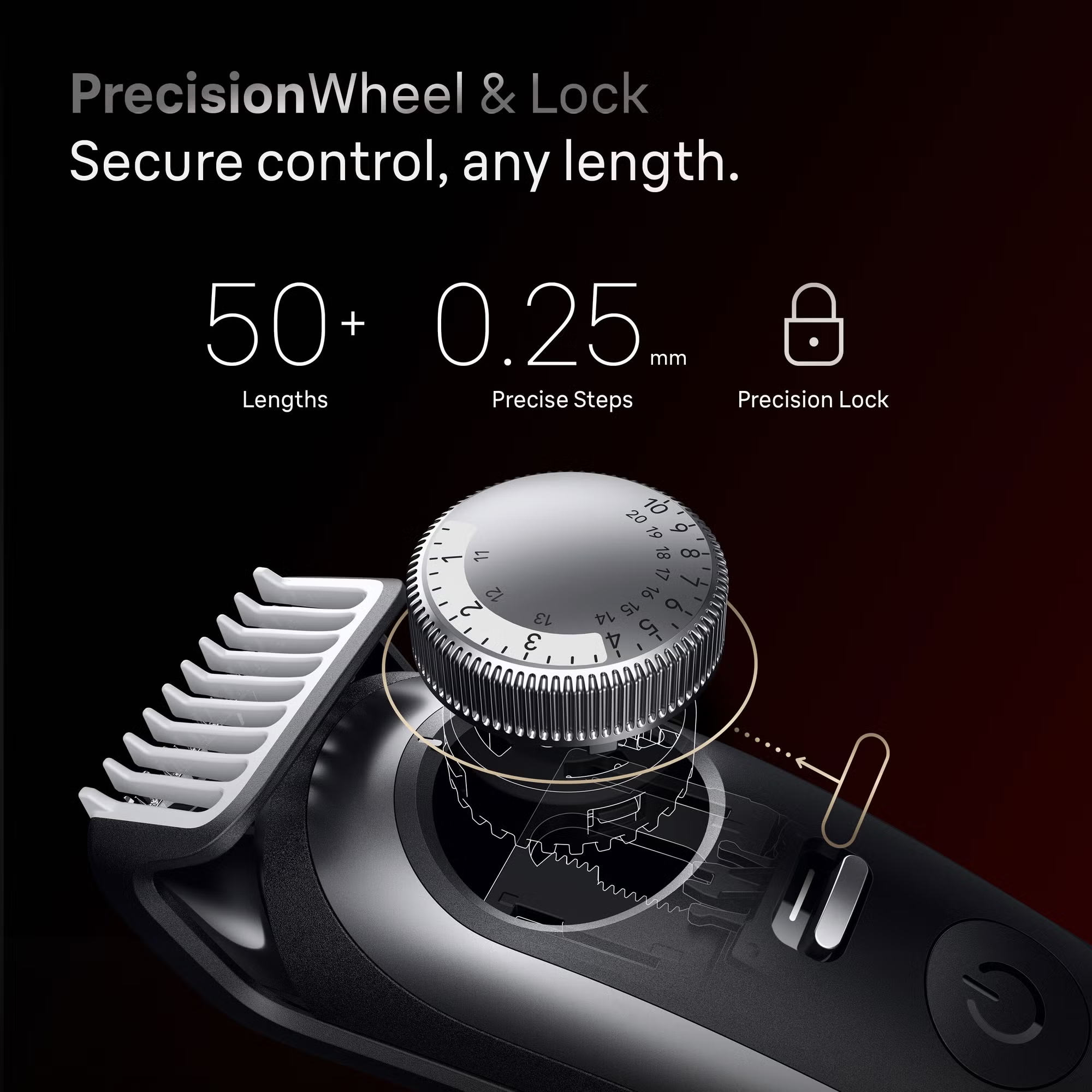 Roue de précision et verrou avec plus de 50 hauteurs et des pas de 0,25 mm sur une tondeuse.
