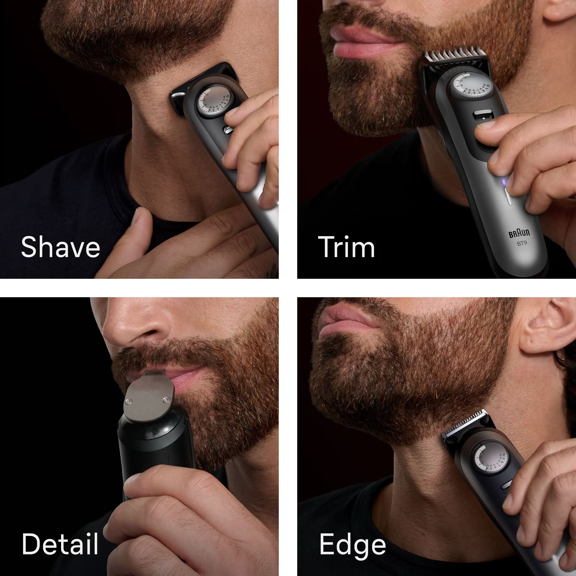 Quatre panneaux montrant un homme rasant, taillant, détaillant et traçant les contours de sa barbe.