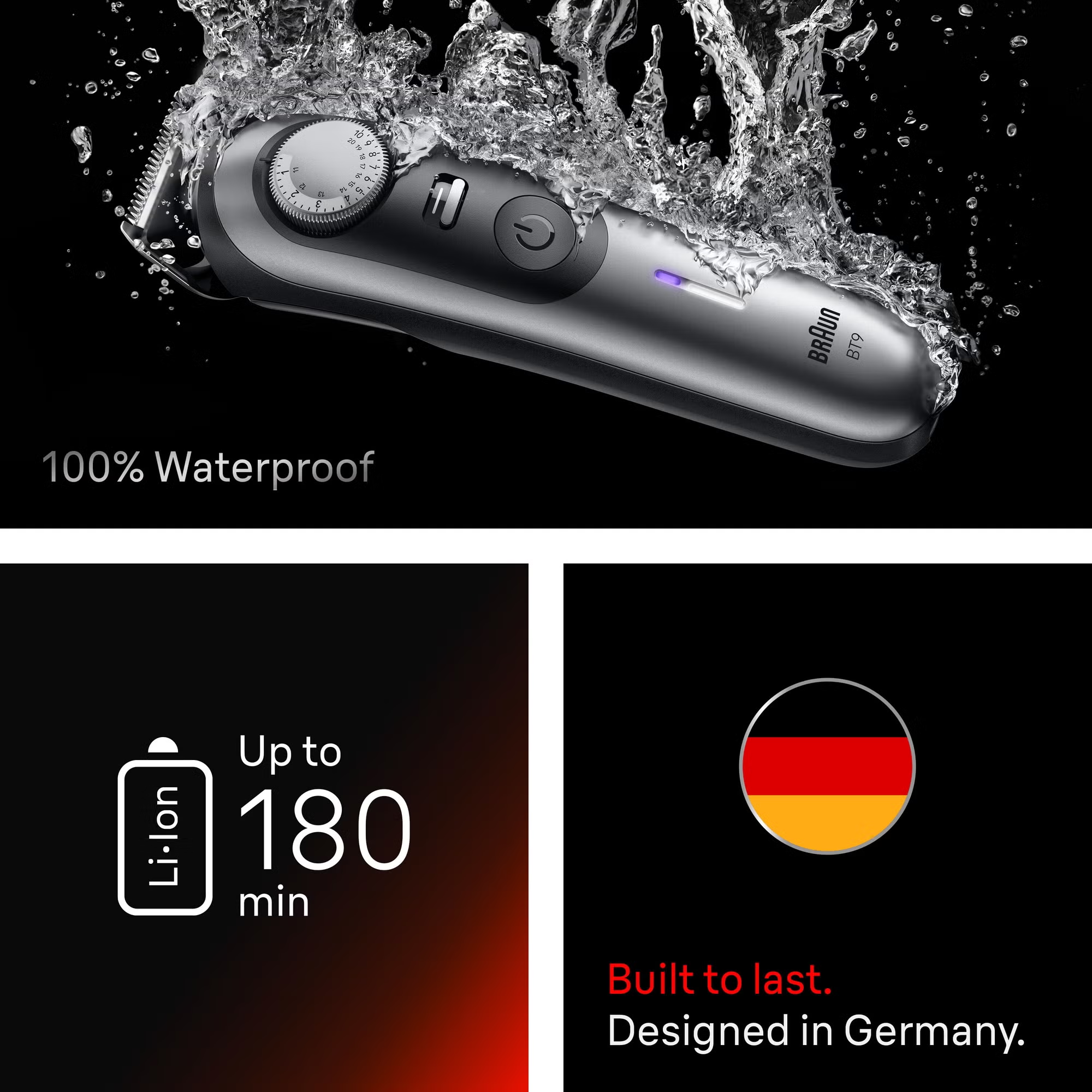 Rasoir Braun étanche avec batterie Li-Ion pour 180 min, conçu en Allemagne.