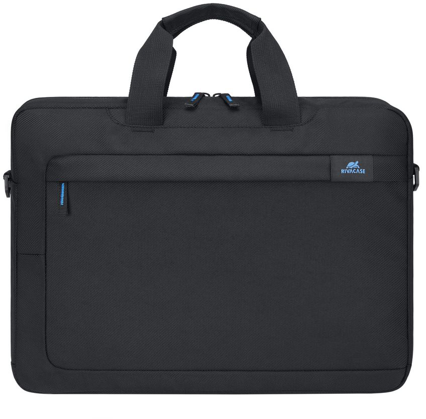 Fekete Rivacase laptoptáska füllel és cipzárral, fehér háttér előtt.