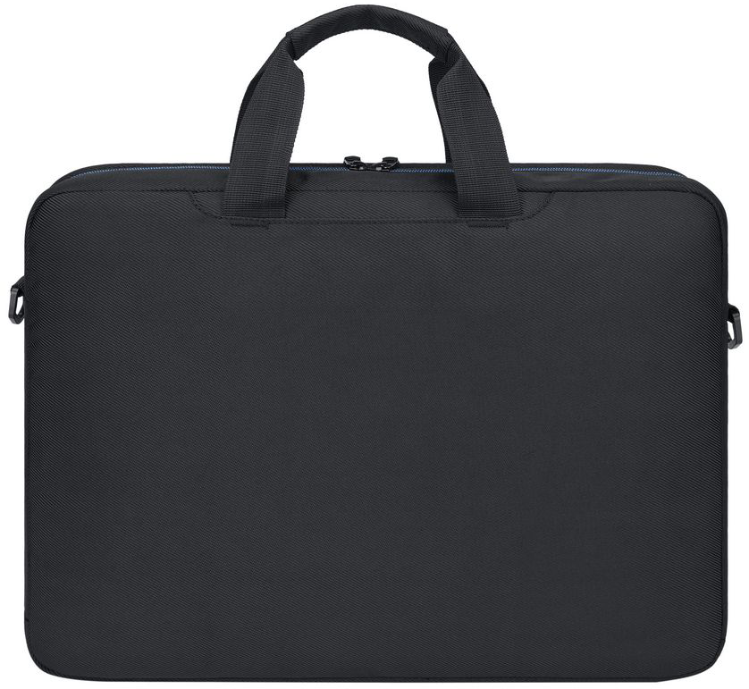 Elegáns fekete laptoptáska hordozófülekkel és cipzárral fehér háttér előtt.