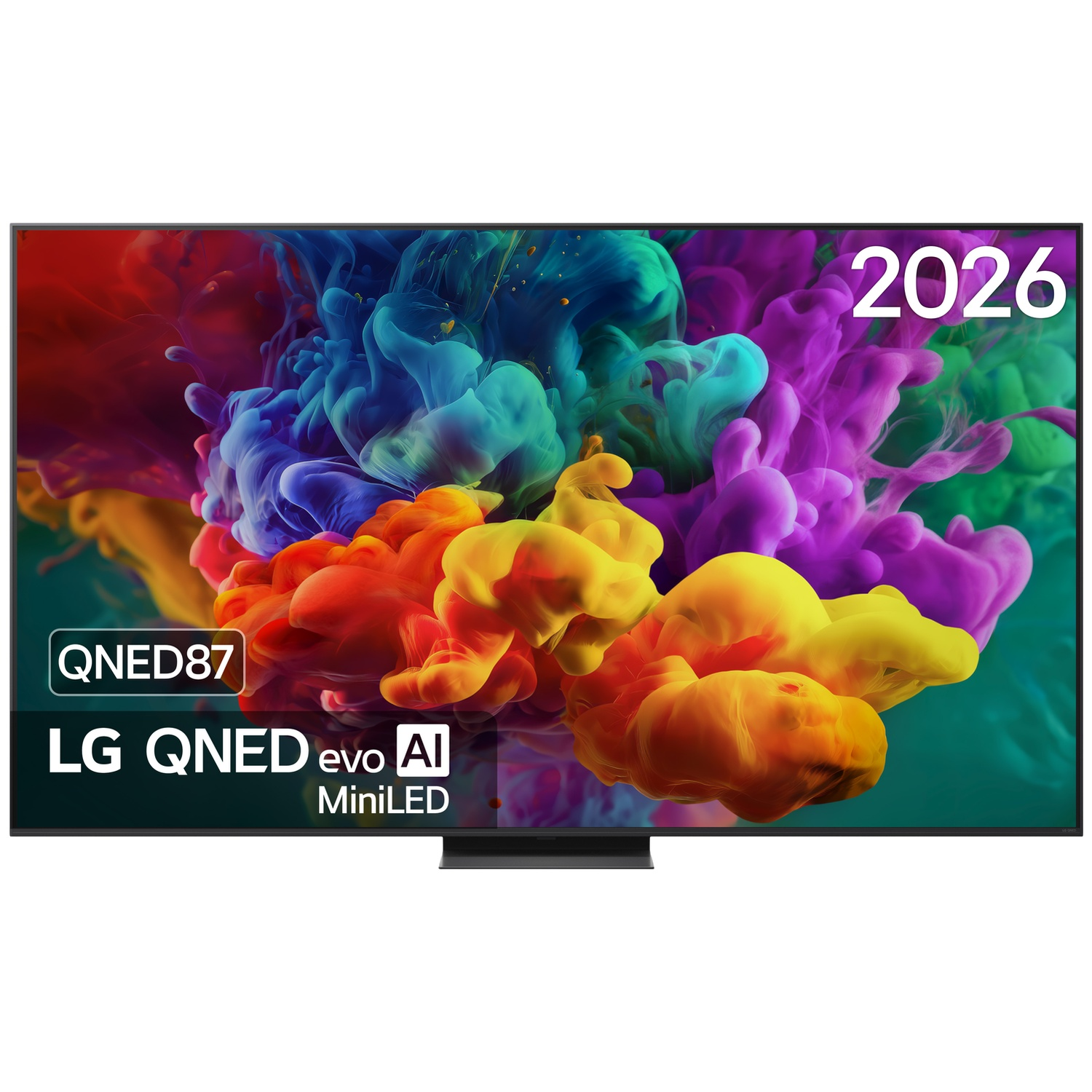 LG QNED87 MiniLED TV displaying colorful smoke clouds and the text 2026 on the screen.