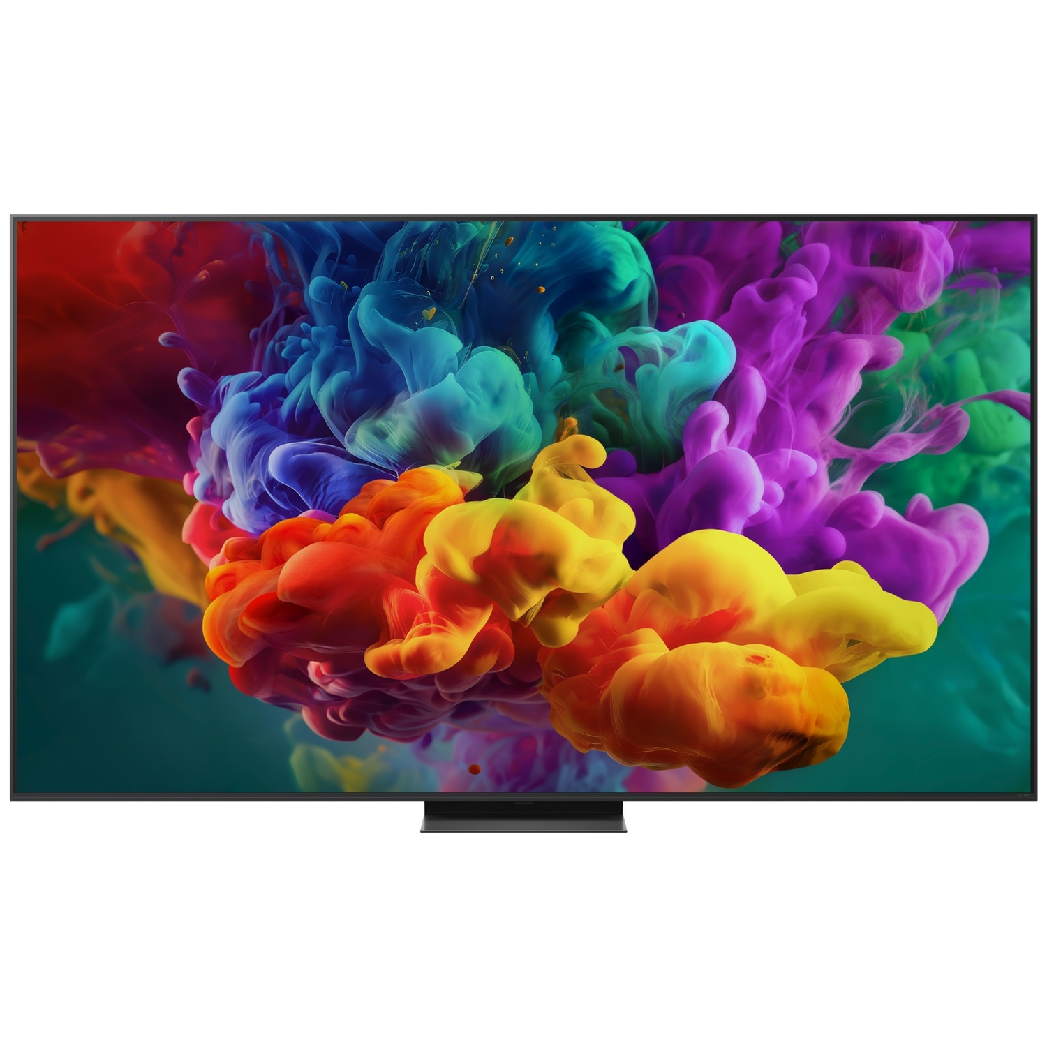A modern TV showing a vibrant, colorful smoke-like abstract pattern in red, blue, yellow, and purple on screen.