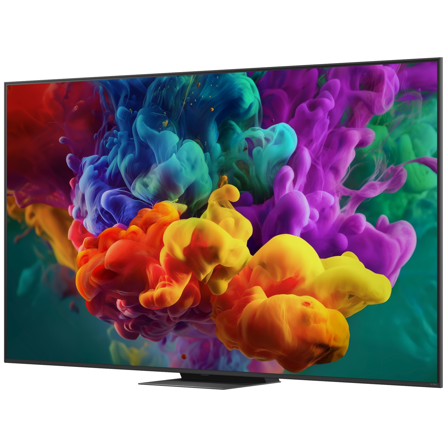 Modern TV displaying vibrant, abstract clouds of red, blue, yellow, and purple ink in water.