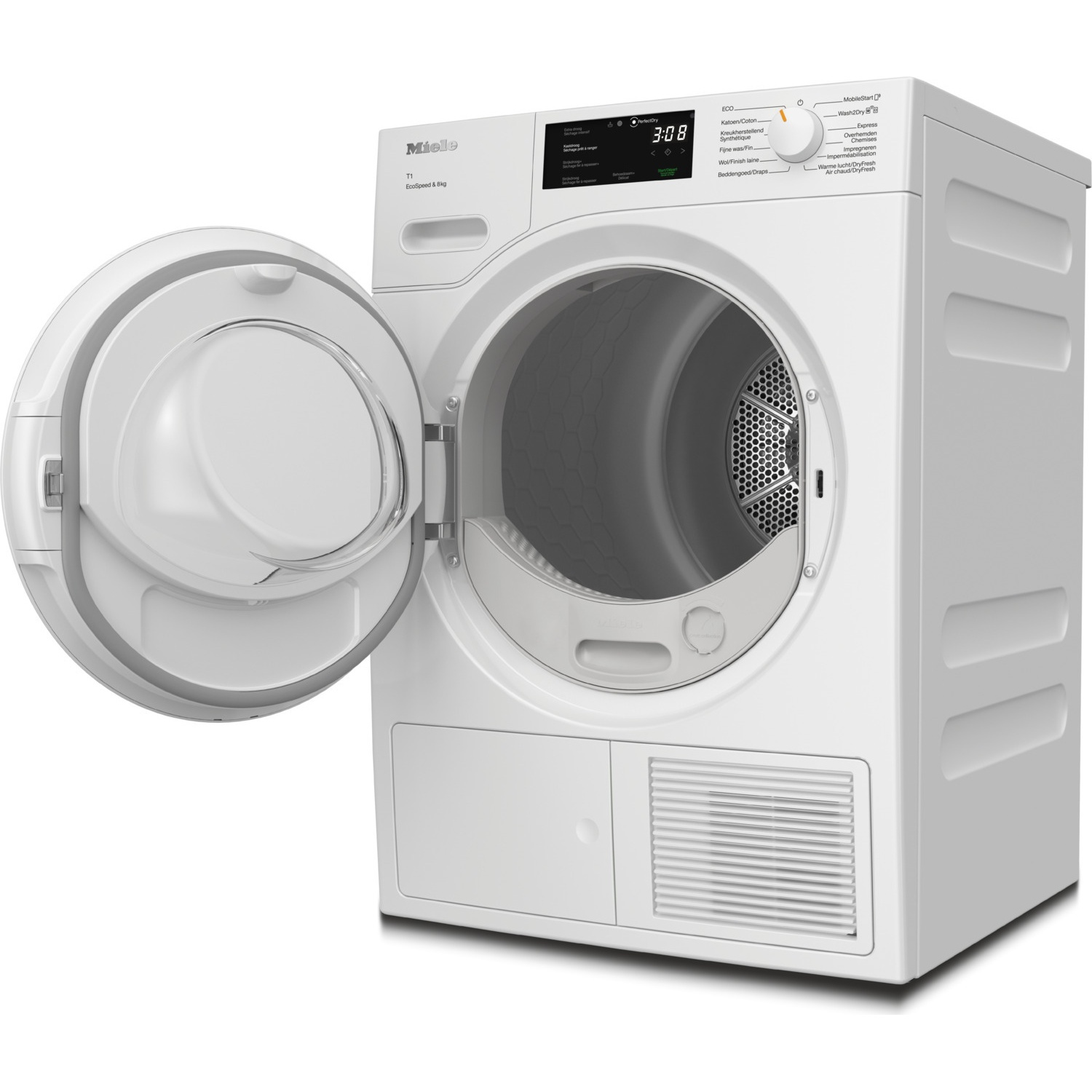 Een witte Miele T1 condensdroger met open deur toont de lege trommel en het bedieningspaneel.