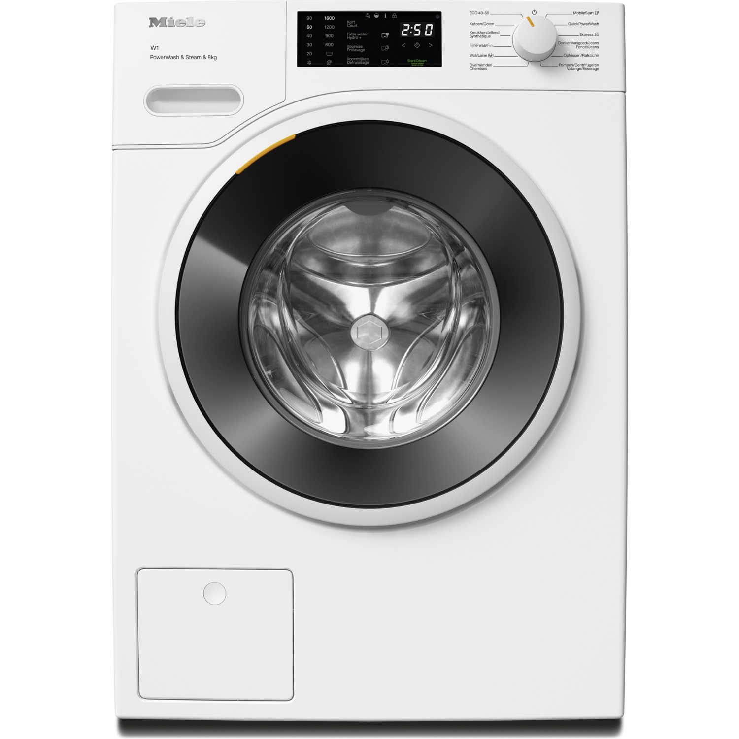 Een witte Miele W1 voorlader wasmachine met een zwart deurraam en digitaal display.