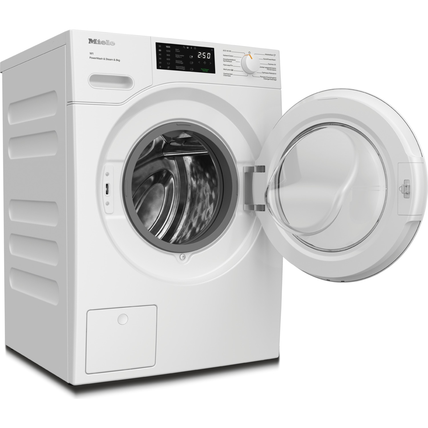 Een witte Miele-wasmachine met een open deur op een witte achtergrond.