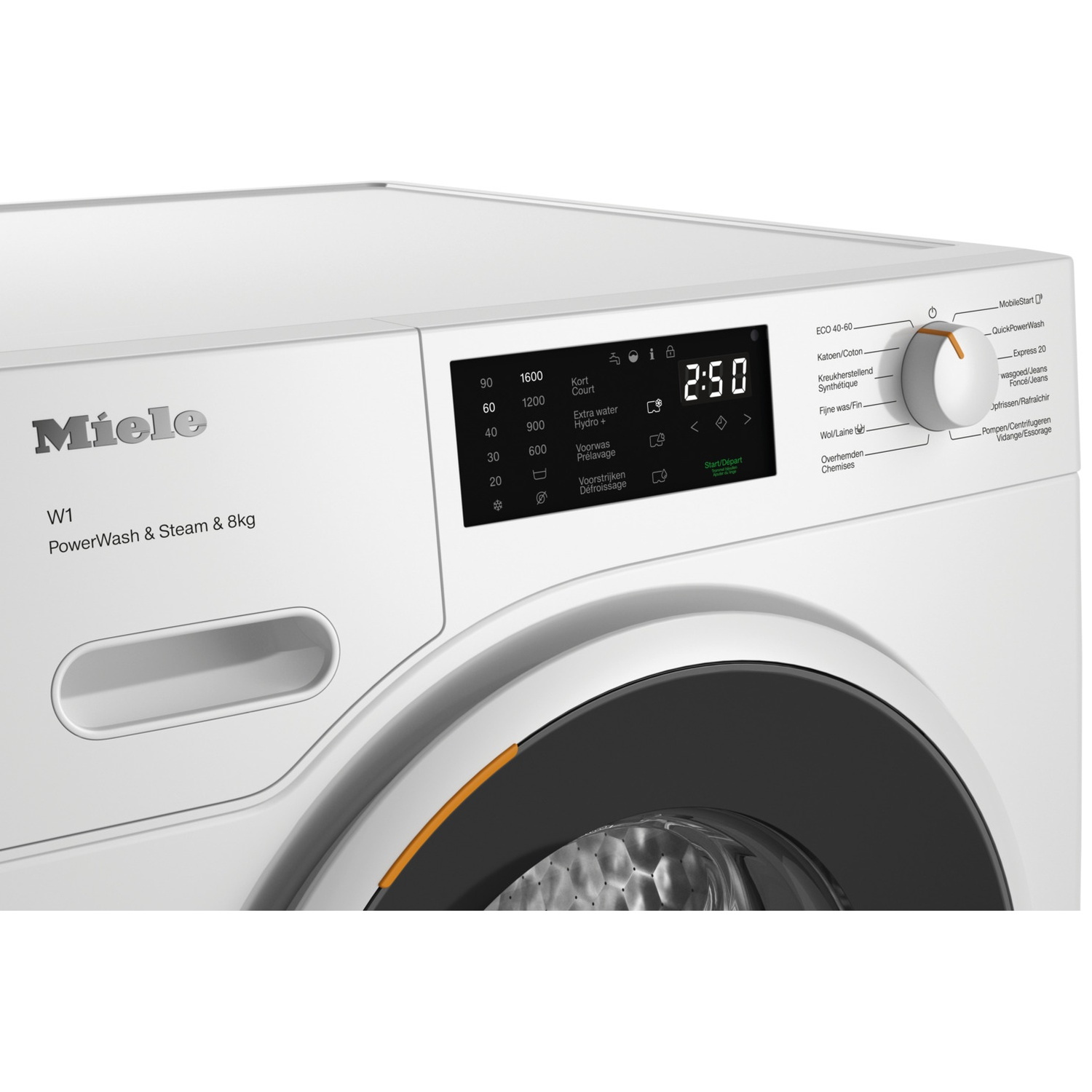 Vooraanzicht van een witte Miele W1 wasmachine met digitaal display en draaiknop.