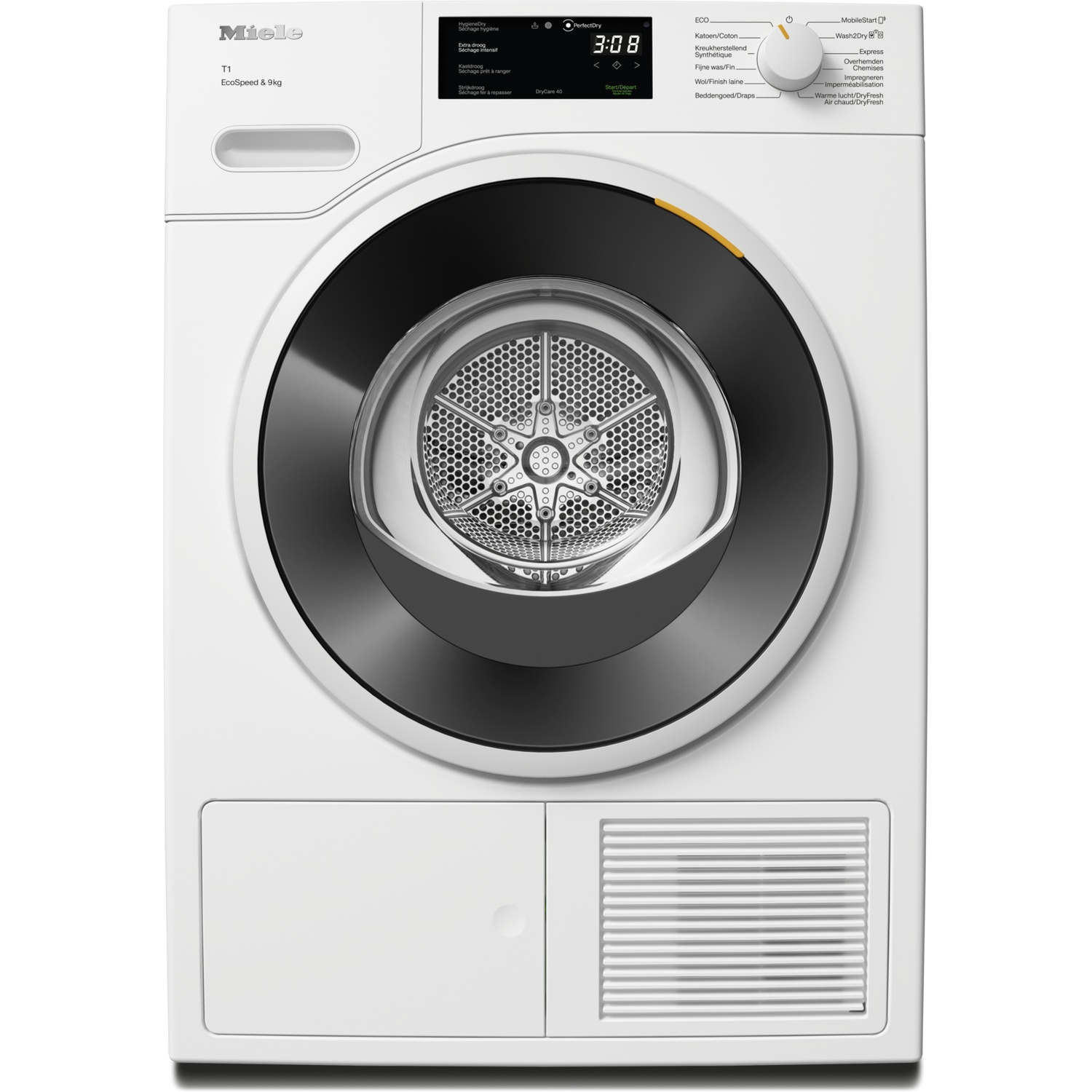 Vooraanzicht van een witte Miele T1 condensdroger met digitaal display en draaiknop.