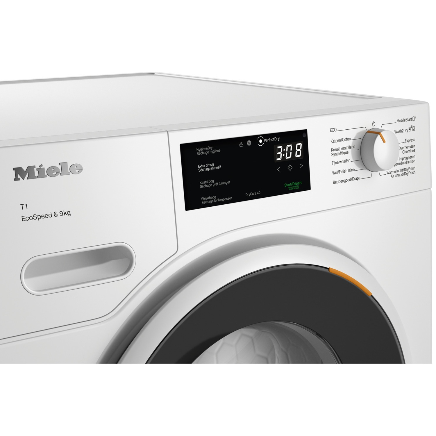 Witte Miele T1 droger met een digitaaldisplay en draaiknop aan de rechterkant.