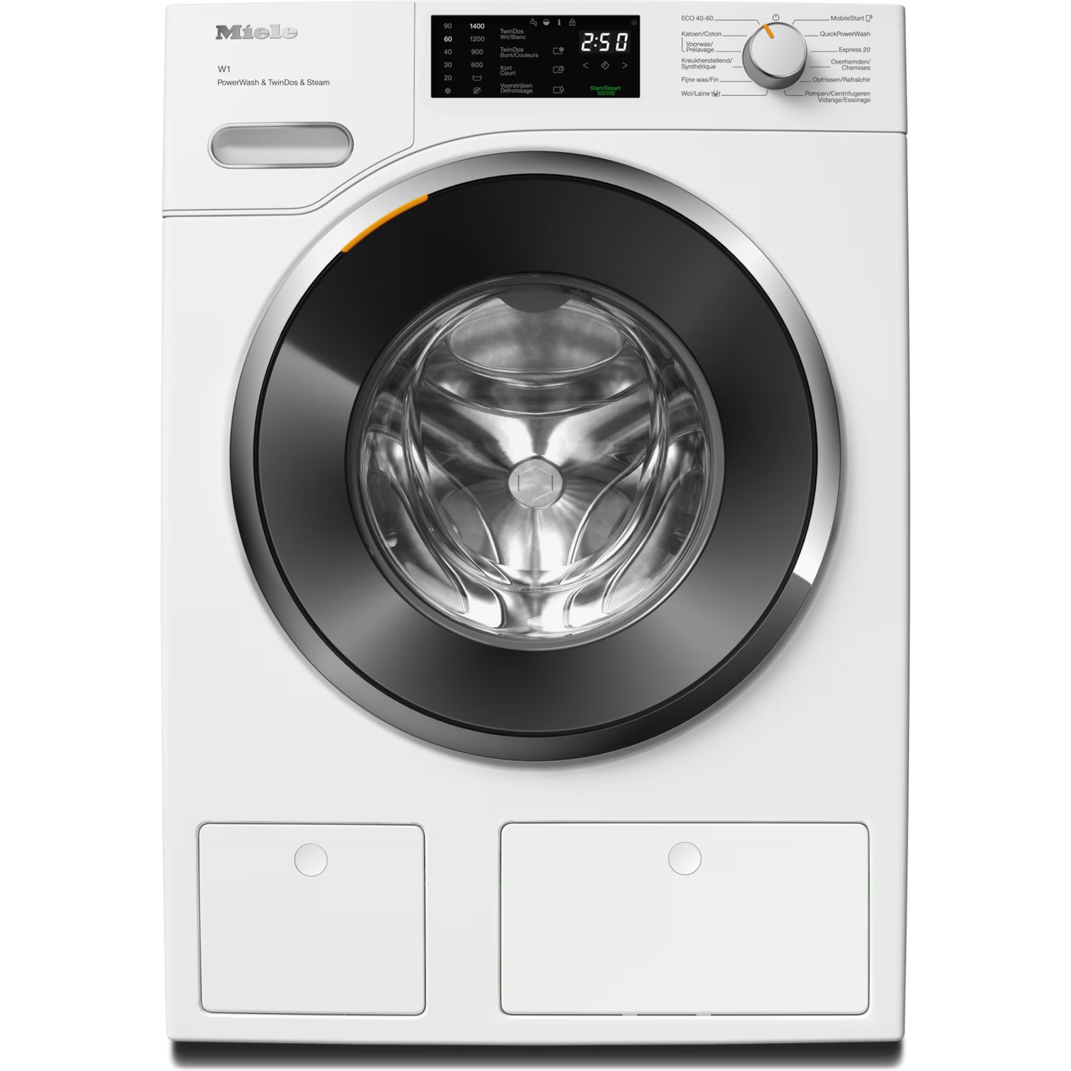 Vooraanzicht van een witte Miele wasmachine met digitaal display, zwart patrijspoort en twee onderste compartimenten.