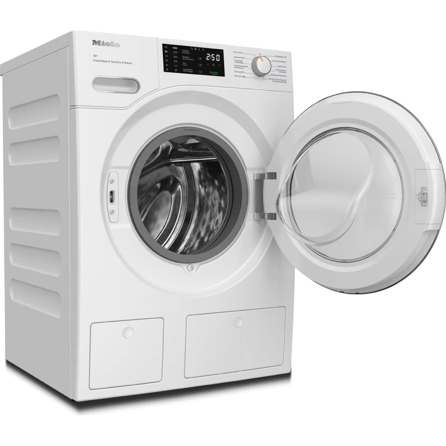 Een witte Miele wasmachine met open deur en lege trommel op een witte achtergrond.