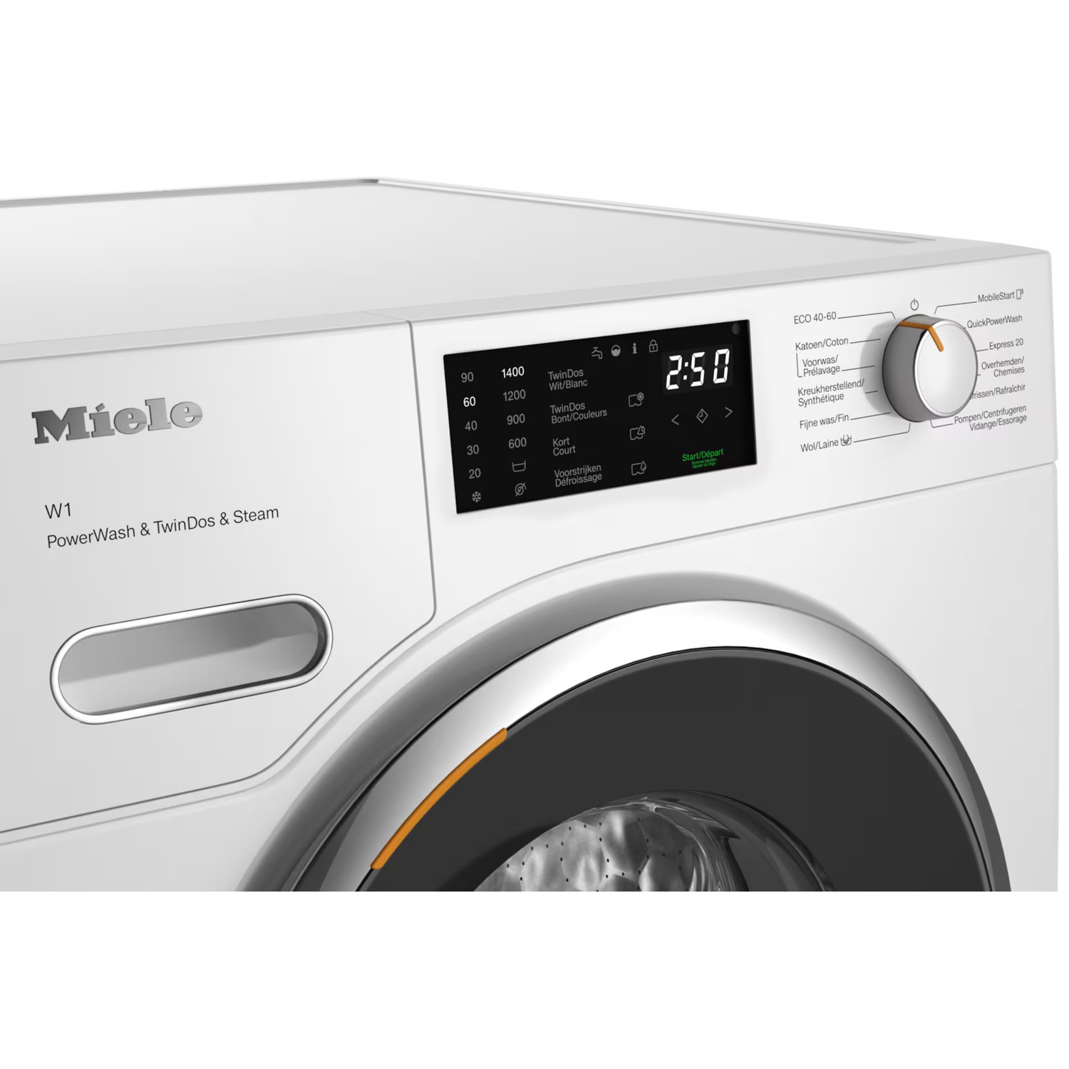 Vooraanzicht van een witte Miele W1 wasmachine met digitaal display en draaiknop.