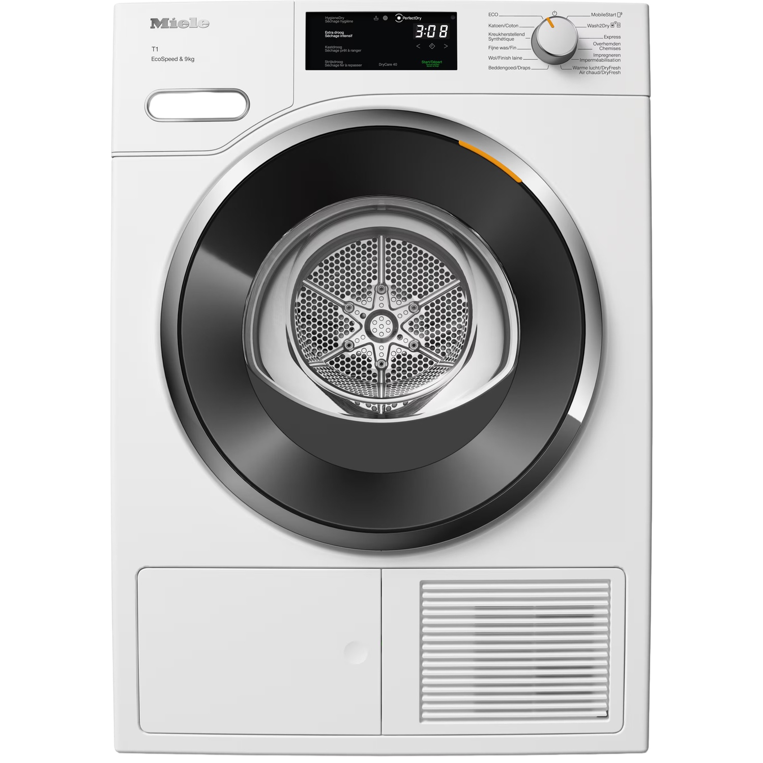 Vooraanzicht van een witte Miele T1 wasdroger met zwart deurraam, digitaal display en draaiknop rechtsboven.