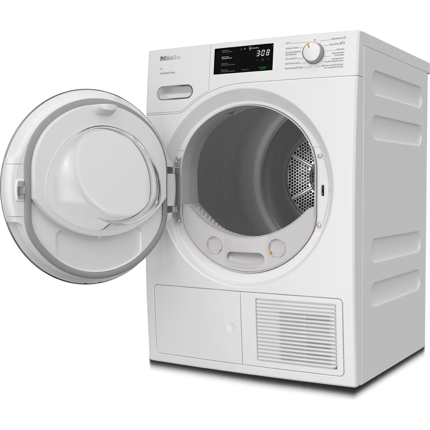 Witte Miele T1 wasdroger met open deur, digitaal display en draaiknop tegen een witte achtergrond.