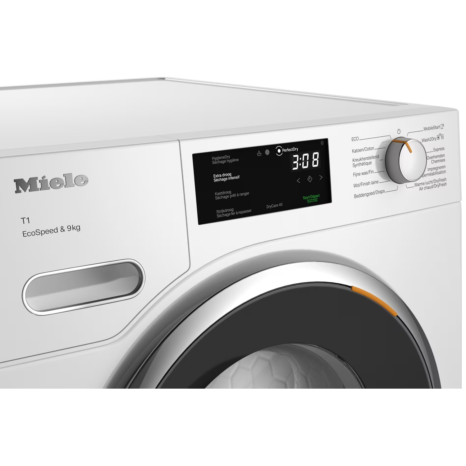 Close-up van het bedieningspaneel van een witte Miele T1 droger met digitaal display en draaiknop.