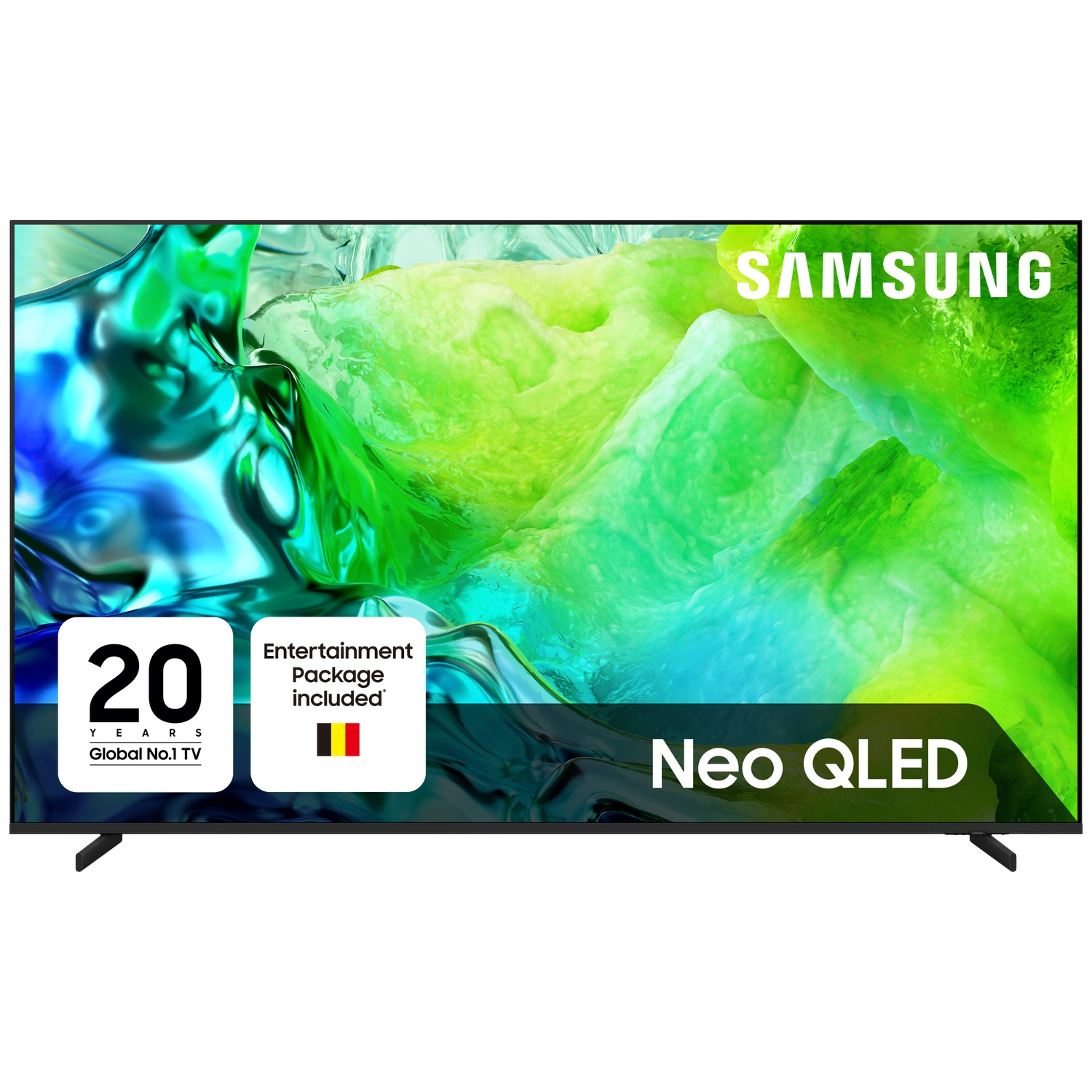 Samsung Neo QLED TV displaying abstract green graphics, with a 20 years global No.1 TV badge and entertainment package.