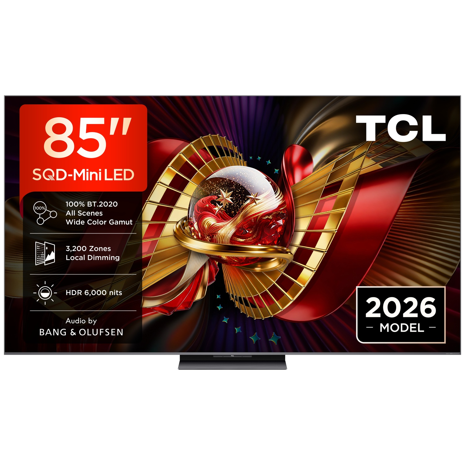 A TCL 85-inch SQD-Mini LED TV displaying a vibrant red and gold graphic on screen.