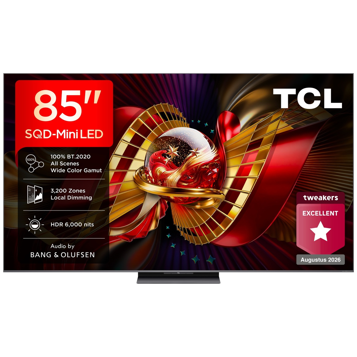 An 85-inch TCL TV displays a vibrant abstract red and gold design with product features and an excellent badge.