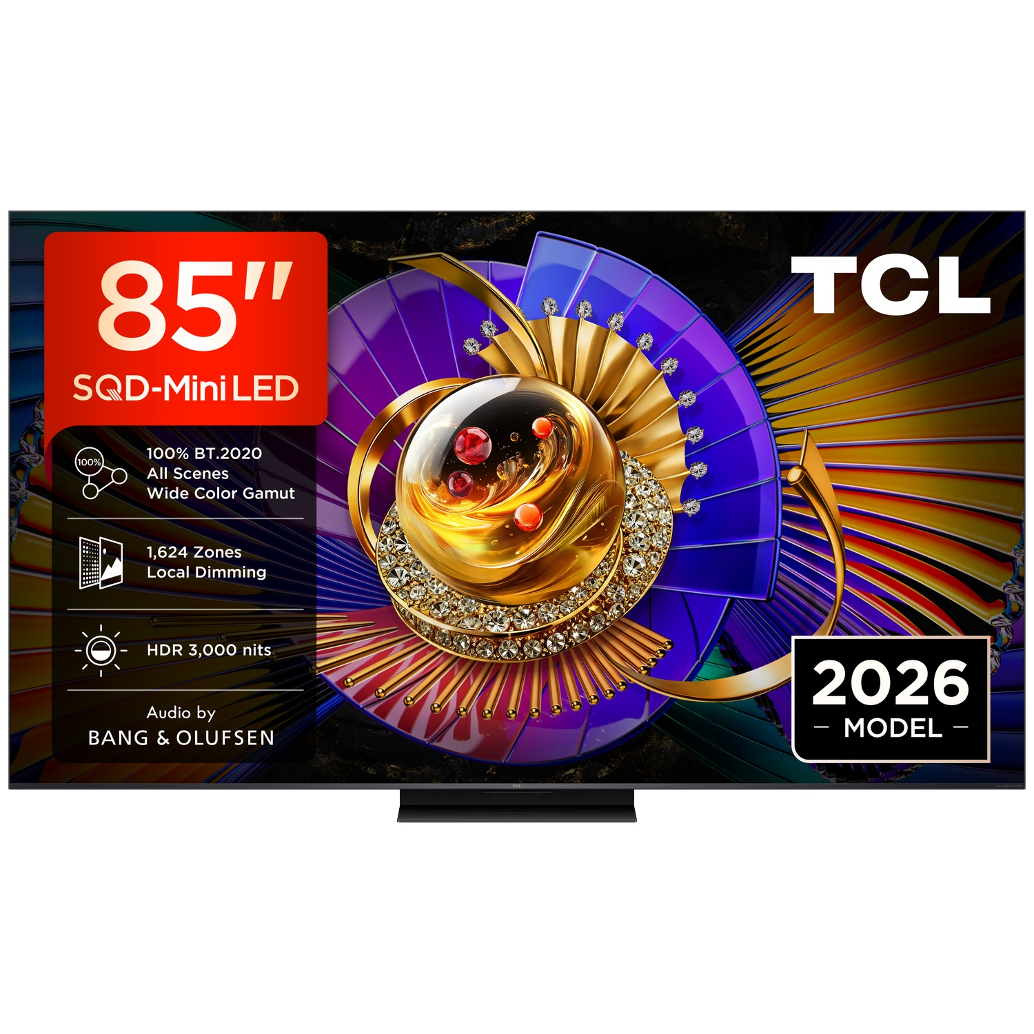 85-inch TCL Mini LED TV displaying colorful graphics and technical features on screen.