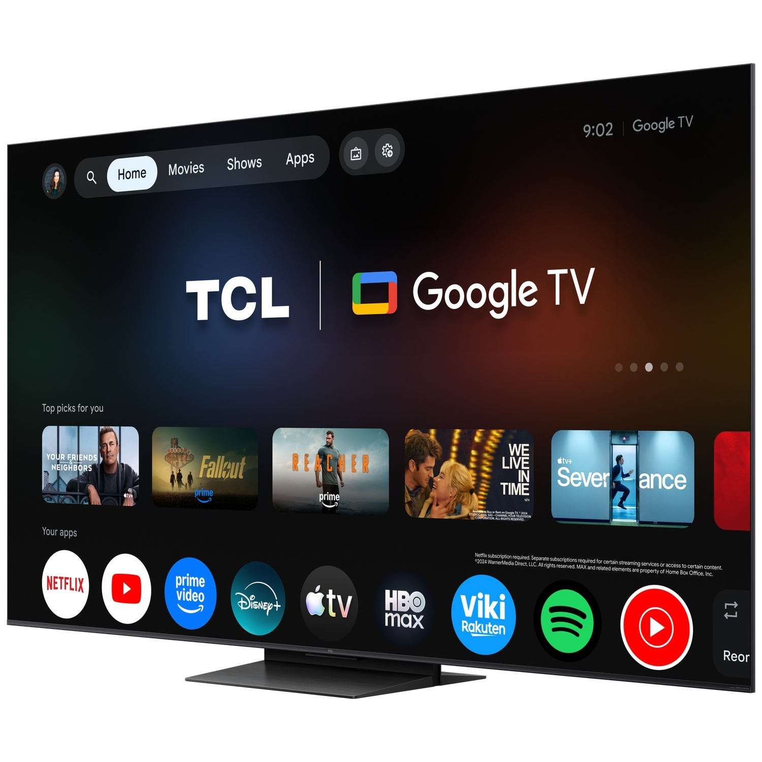 A TCL Google TV displaying the home screen with app icons like Netflix, YouTube, and Prime Video.