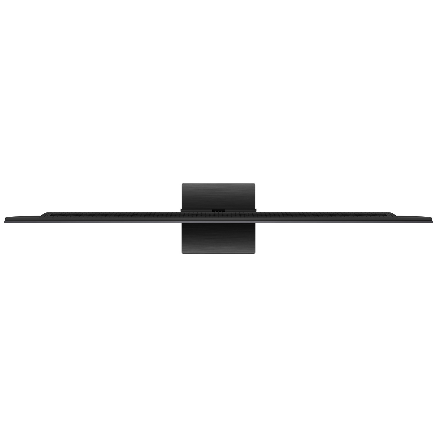 Top-down view of a black television with a stand against a white background.