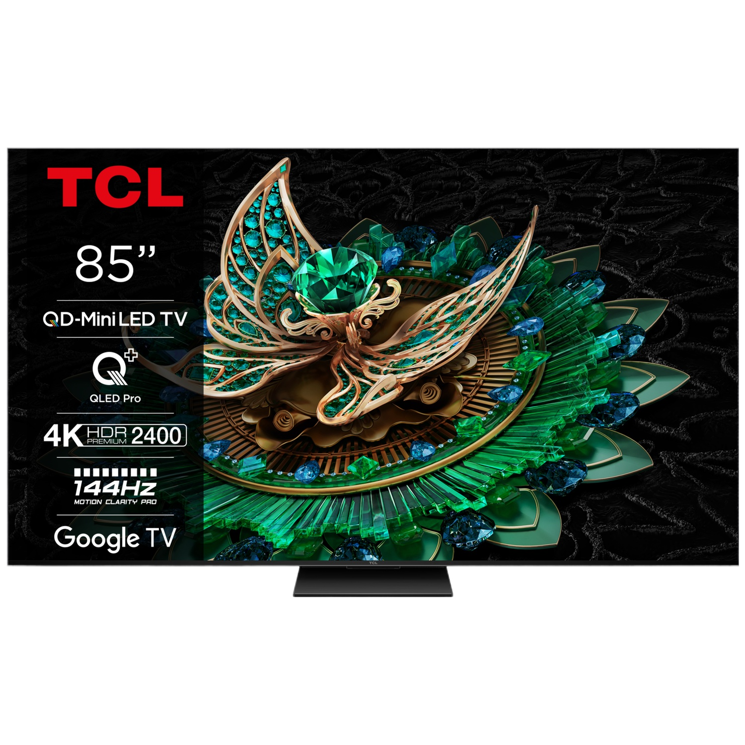 TCL 85-inch QD-Mini LED TV displaying an ornate green and gold jewel-encrusted butterfly image.
