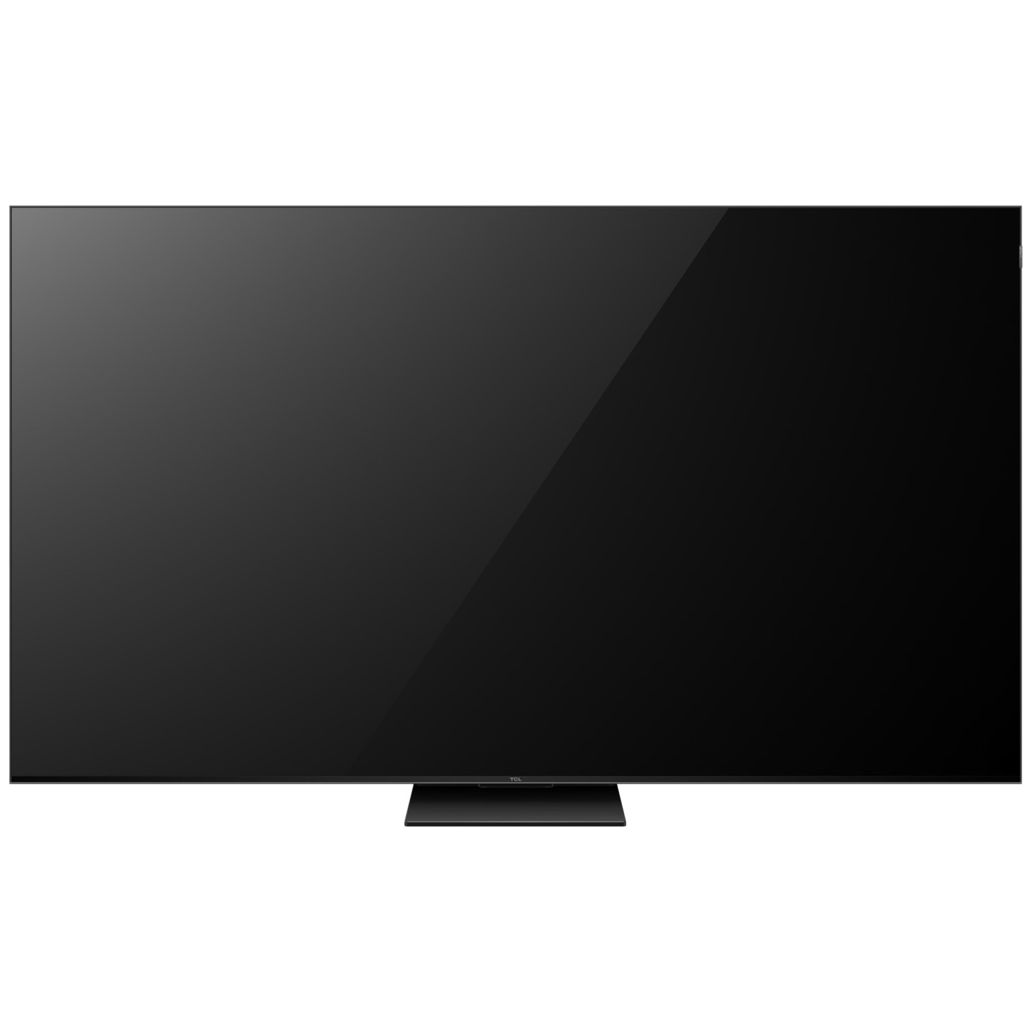 A large, black flat-screen television with a thin bezel stands on a flat, square base against a plain white background.
