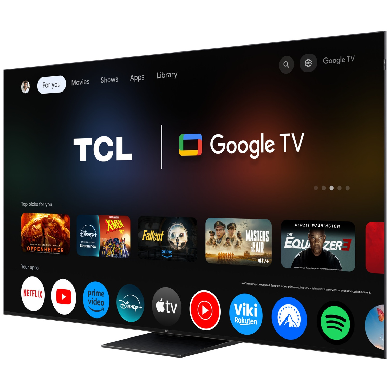 A TCL Google TV home screen displaying menus, top picks, and app icons against a dark gradient background.