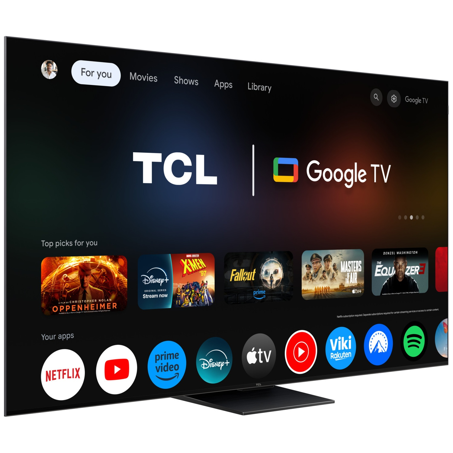 TCL Google TV home screen showing streaming apps and movie recommendations.