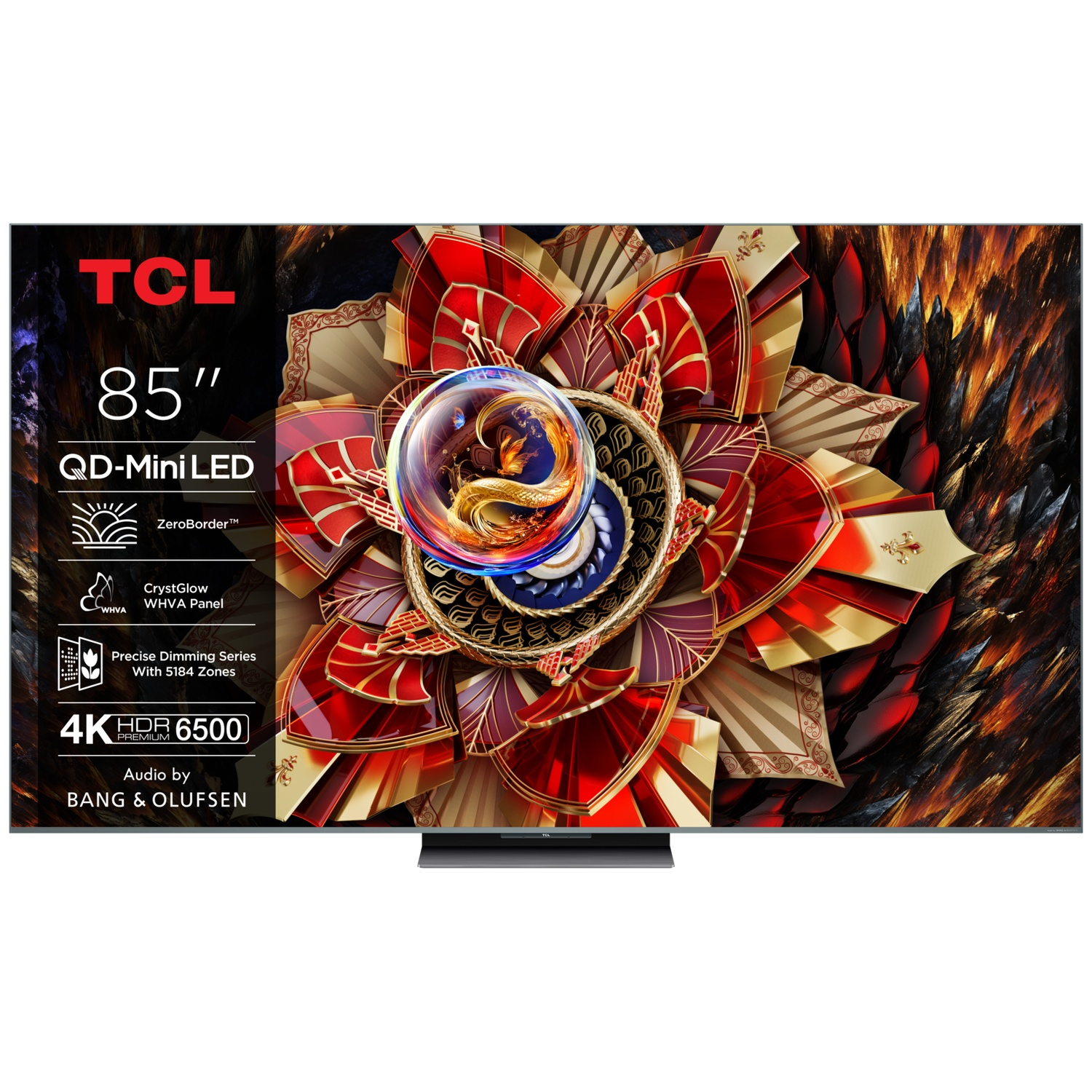 A TCL 85-inch QD-Mini LED TV displaying a vibrant red and gold floral abstract art with a glowing central sphere.