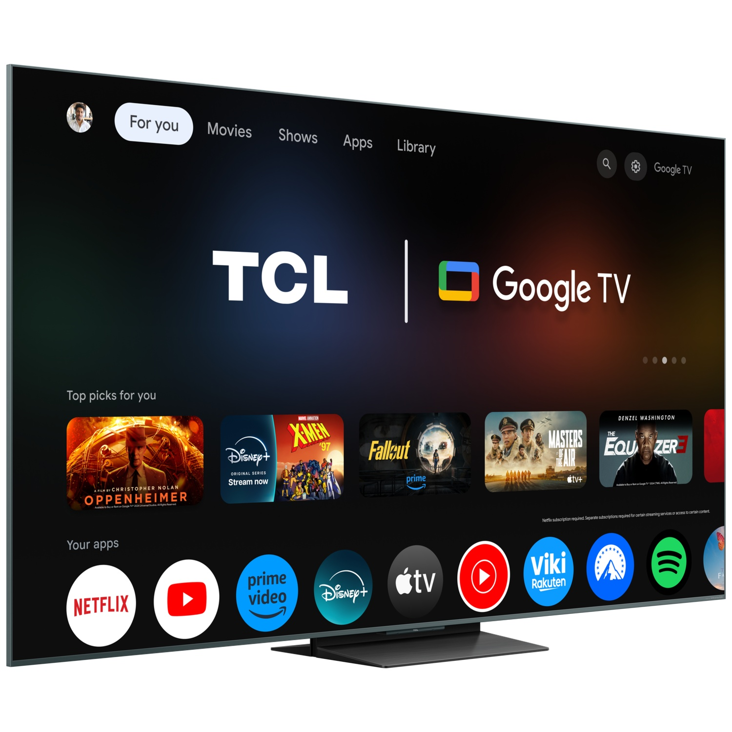 A TCL Google TV displaying its home screen with streaming app icons like Netflix, YouTube, and Disney+.
