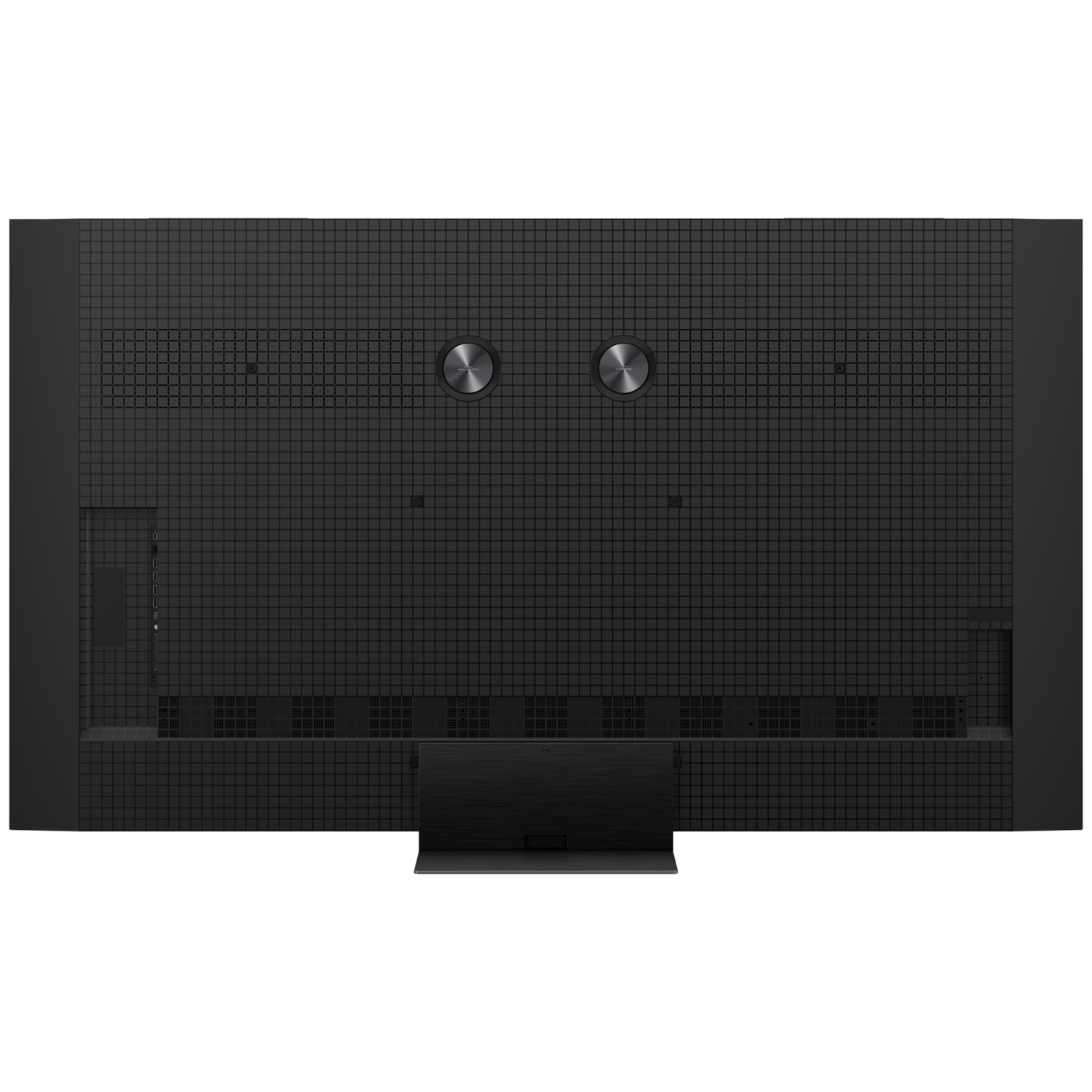 Back view of a black TV with a grid pattern, two round speakers on top, and a stand at the bottom.