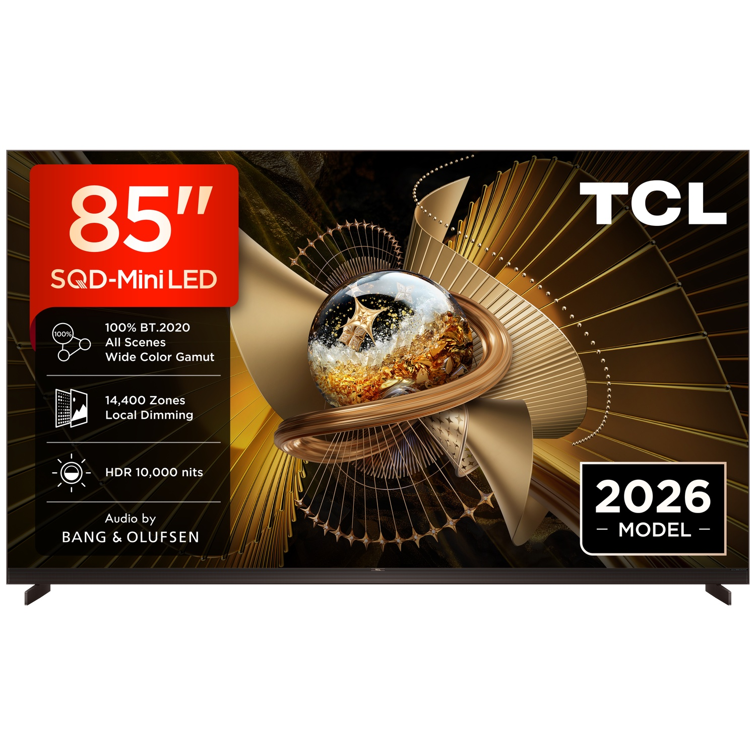 A TCL 85 inch SQD-Mini LED 2026 model TV displaying abstract gold graphics and technical product specifications.