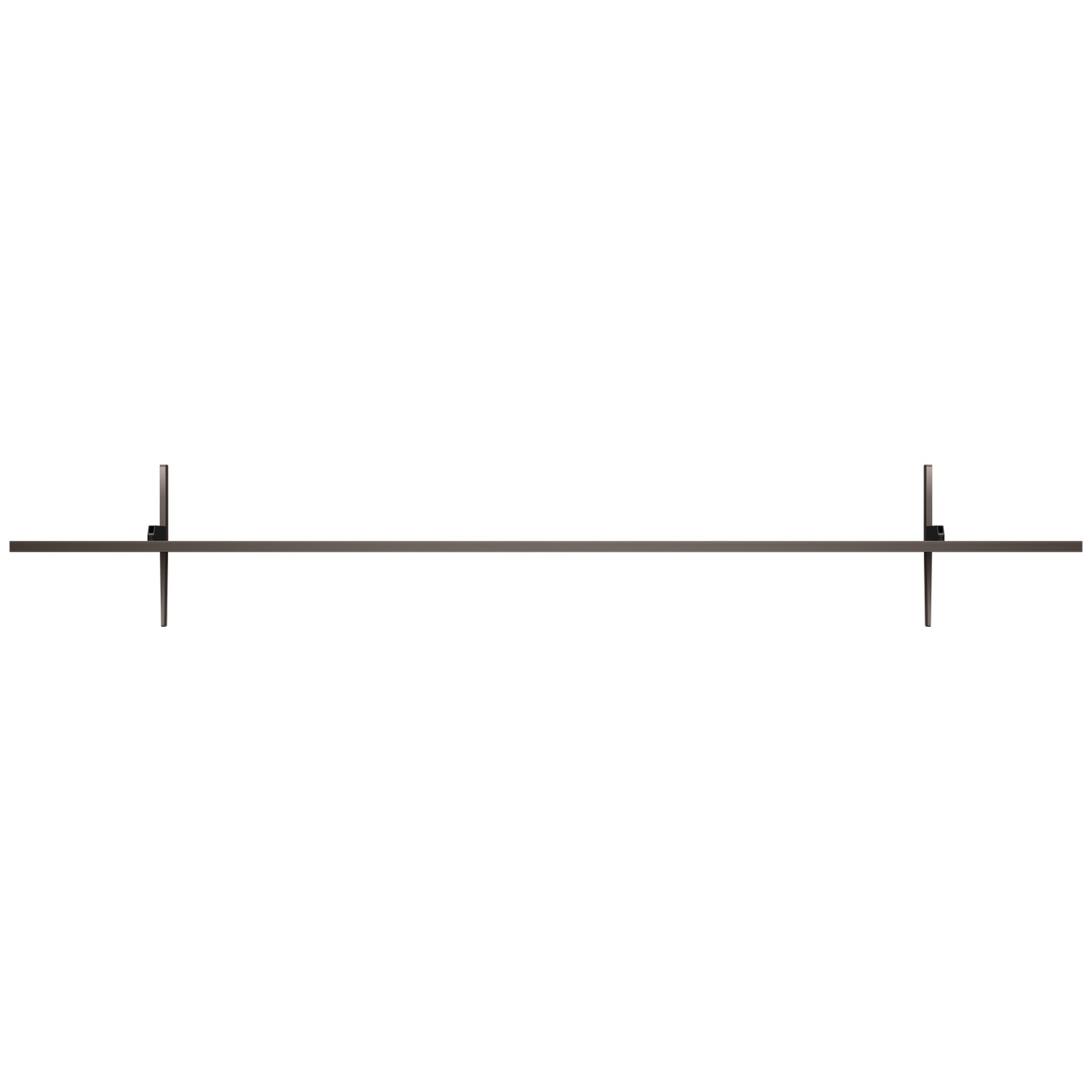 A long, black TV stands on two thin legs against a white background.